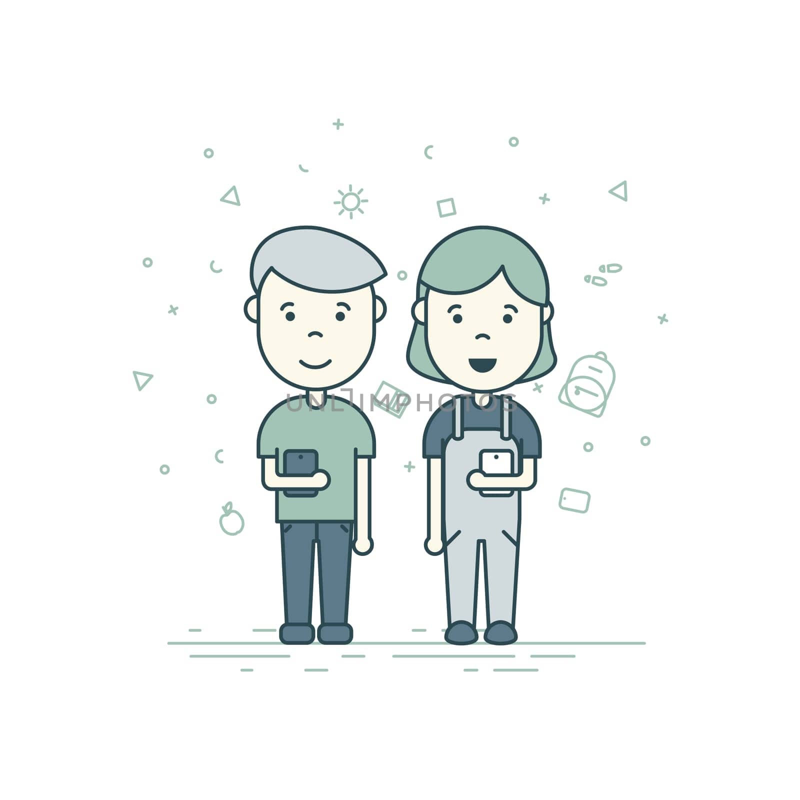 Colorful vector illustration in trendy flat linear style. Cute pupils students with backpack phone smile