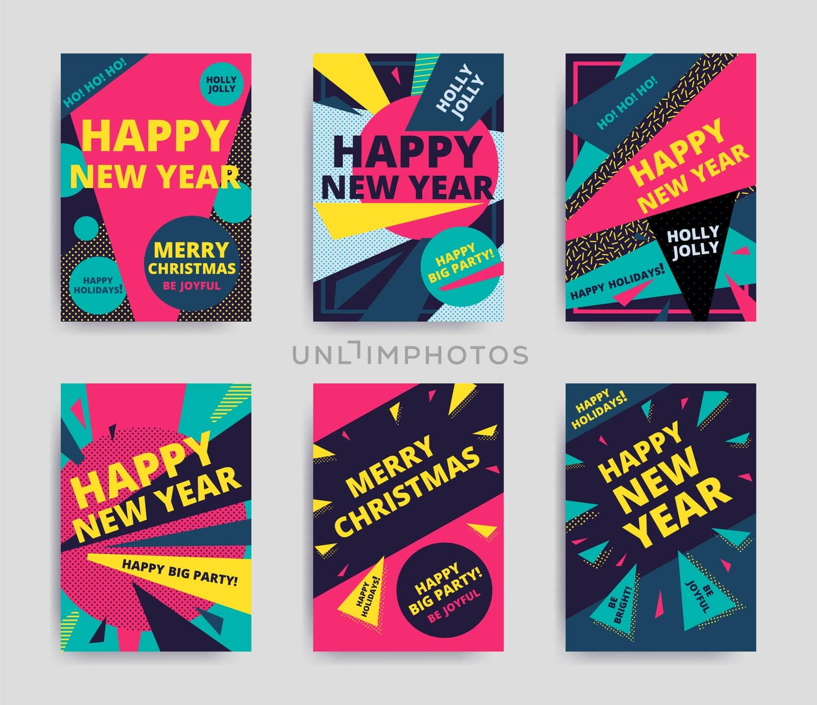 Merry christmas New Year design, eye catching banner template. Bright colorful vector illustrations for greeting card, posters, print, mobile phoned designs, ads, promotional material Yellow Pink Blue