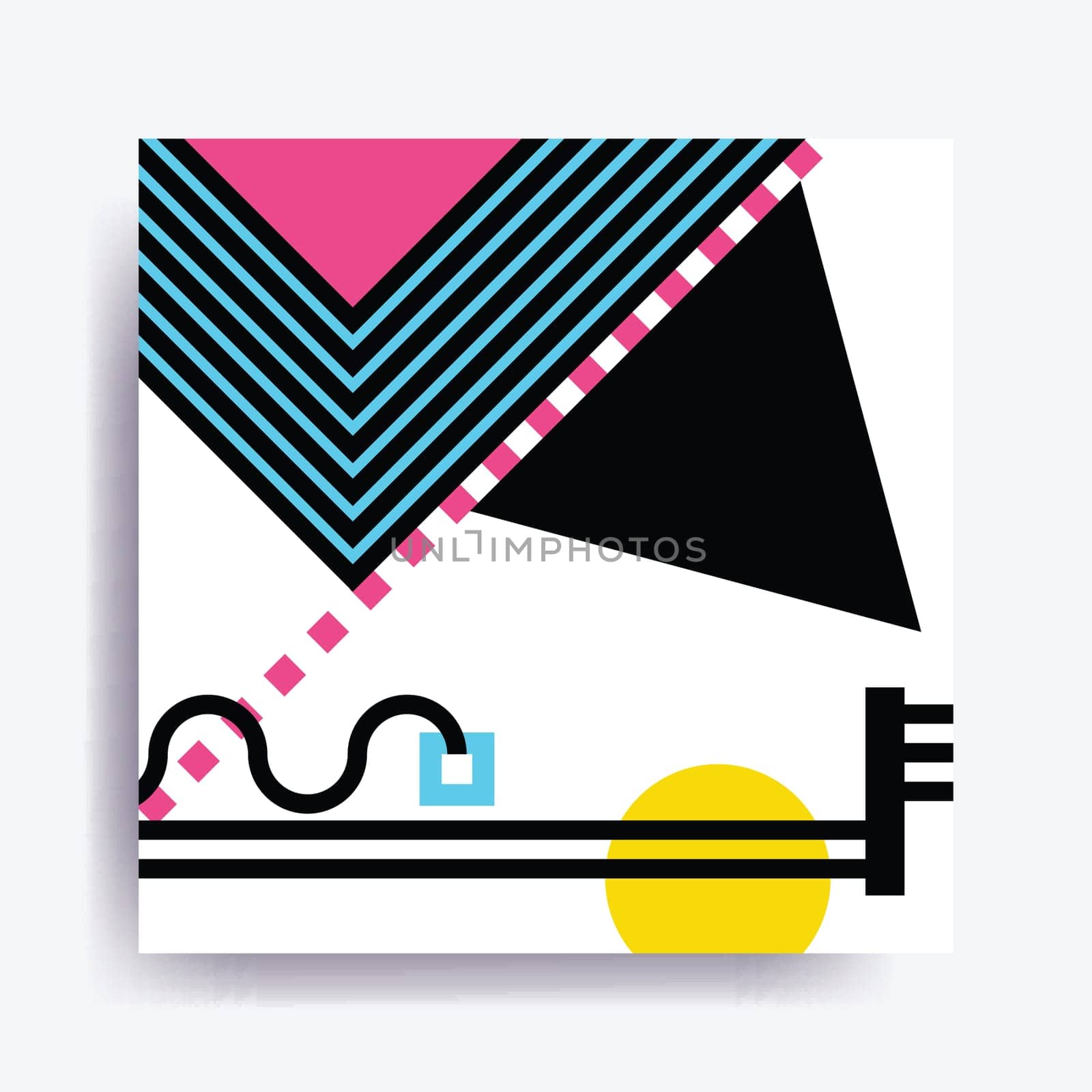 Colorful trend Neo Memphis geometric pattern juxtaposed with bright bold blocks of color zig zags, squiggles, erratic images. Design background elements composition. Magazine, leaflet, billboard