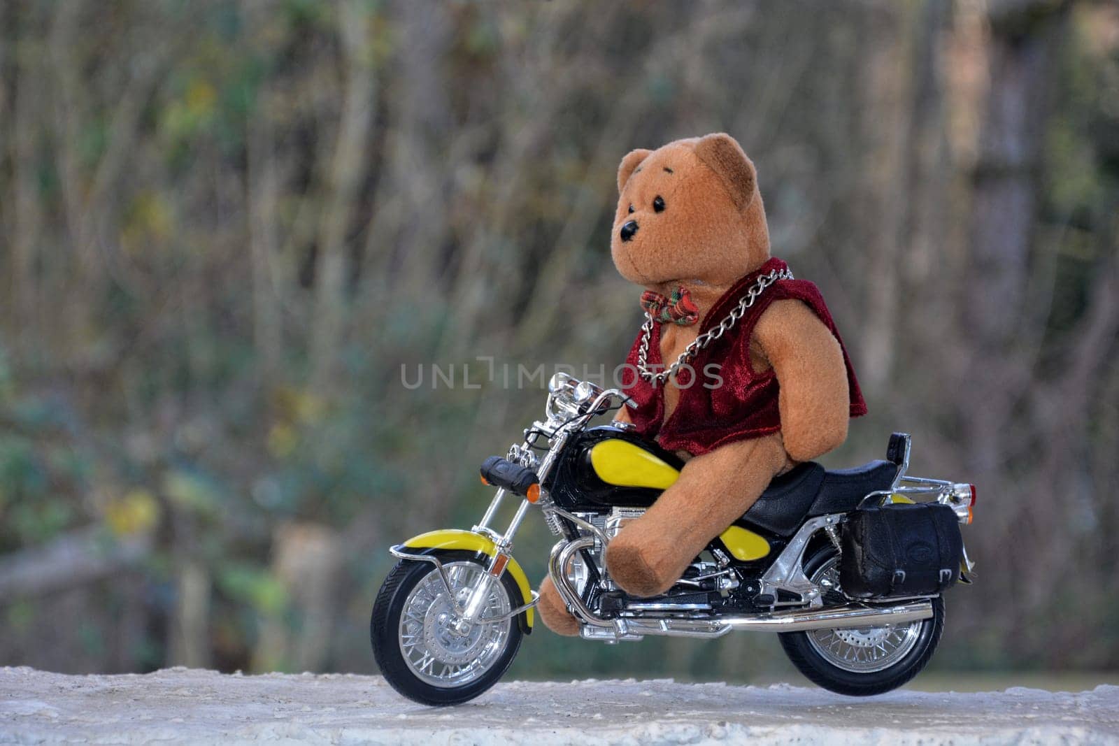 Little brown teddy bear with vest sits on motorcycle outdoors