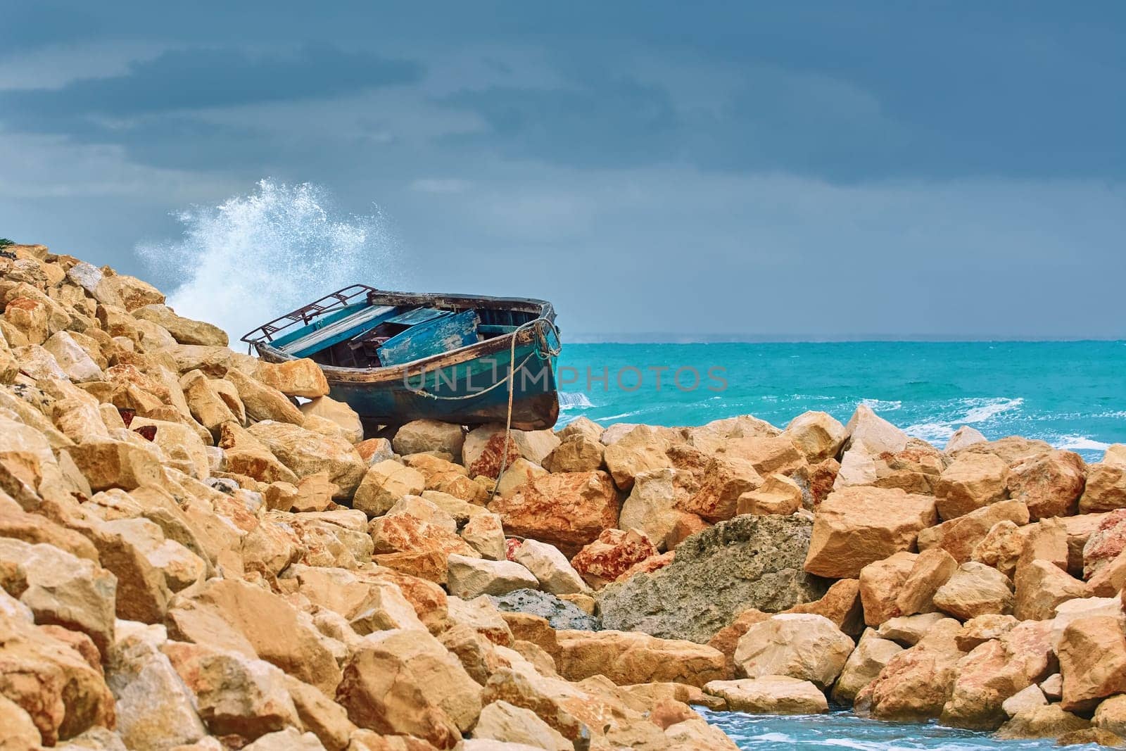 Boat on the Stony Shore of Black Sea in Varna, Bulgaria