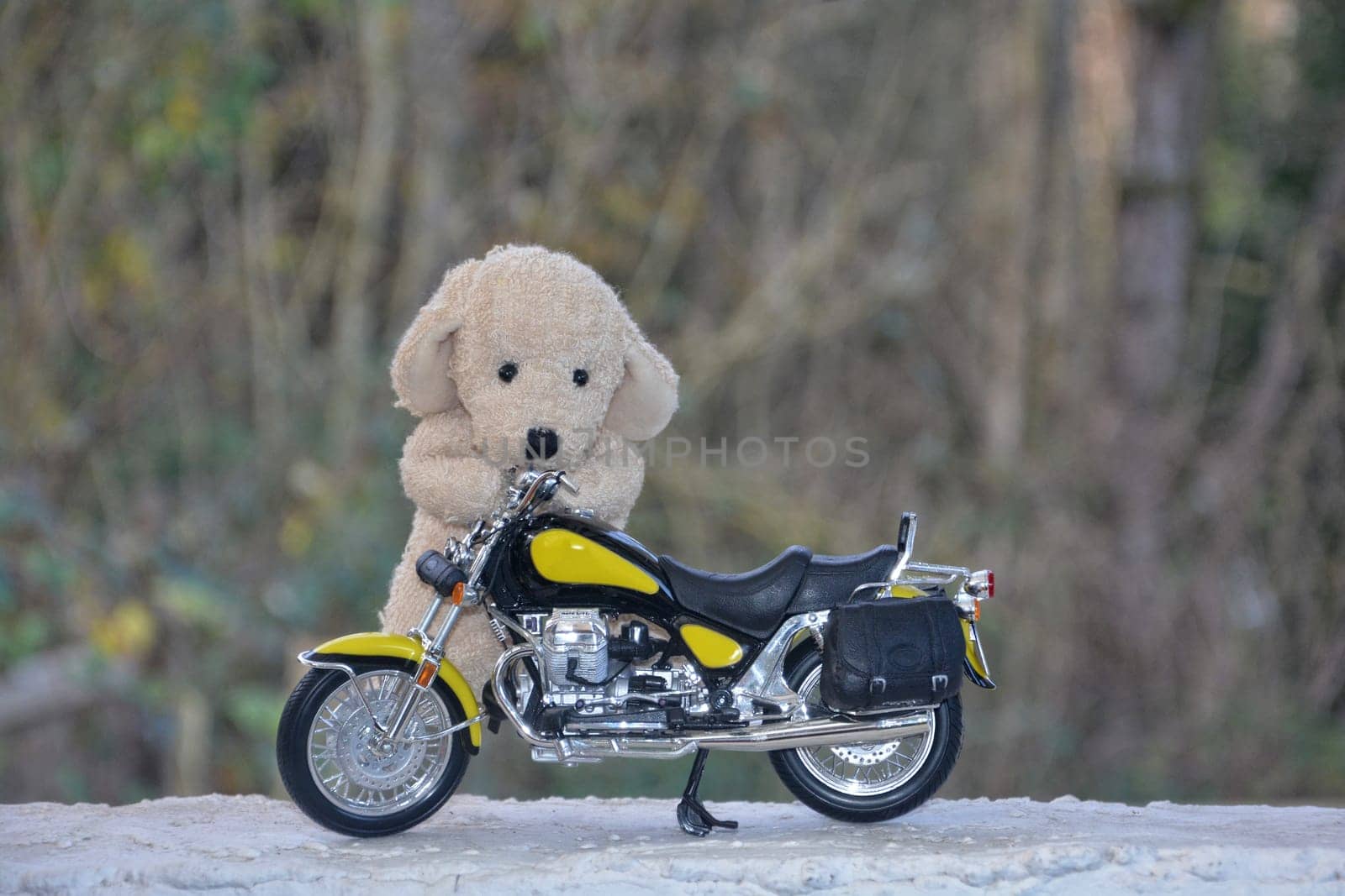 White stuffed animal dog stands behind a motorcycle in nature