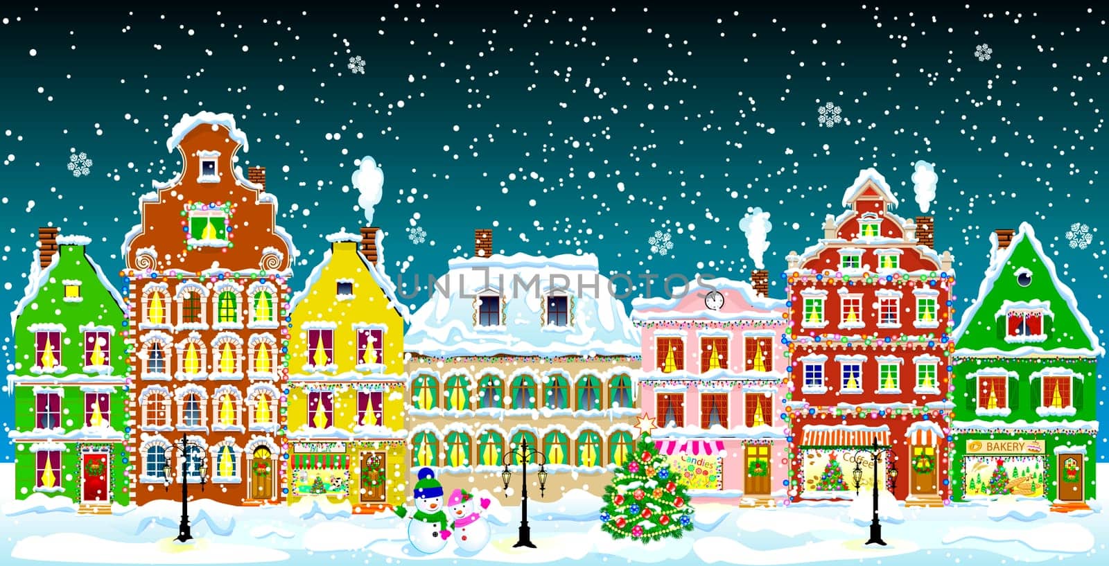 City street in the winter night. Christmas Eve. Winter holiday. Houses in winter night. Snow on a city street. Decoration houses on winter holidays.