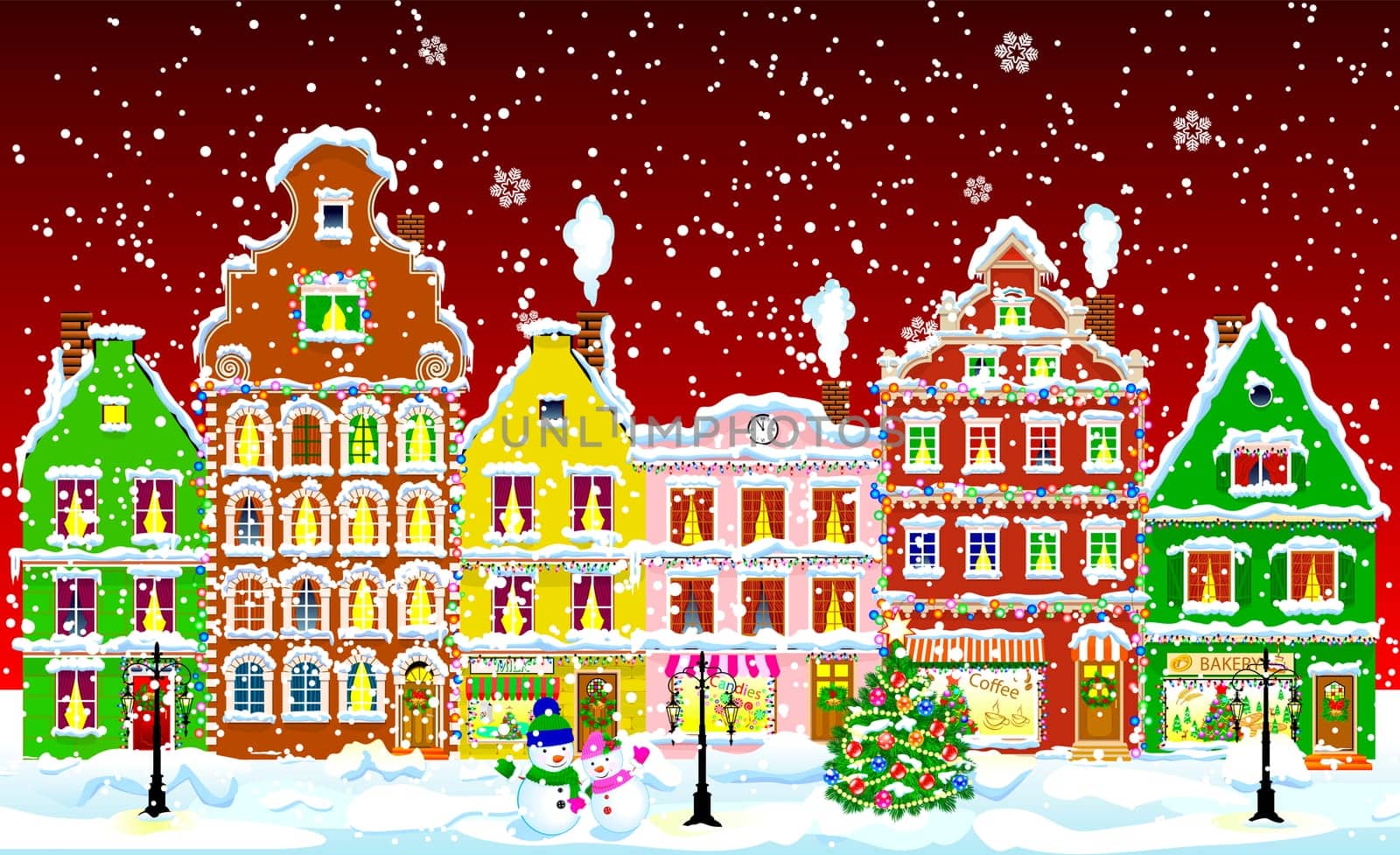 City street in the winter night. Christmas Eve. Winter holiday. Houses in winter night. Snow on a city street. Decoration houses on winter holidays.