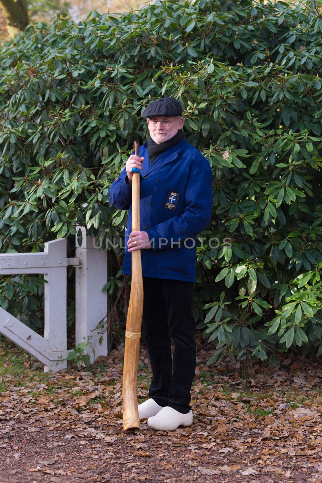 OLDENZAAL, NETHERLANDS - NOVEMBER 27, 2016: Unknown man posing with a so called "midwinterhorn"", a traditional handmade wooden instument. It is used in the advent period in some eastern parts of the netherlands"