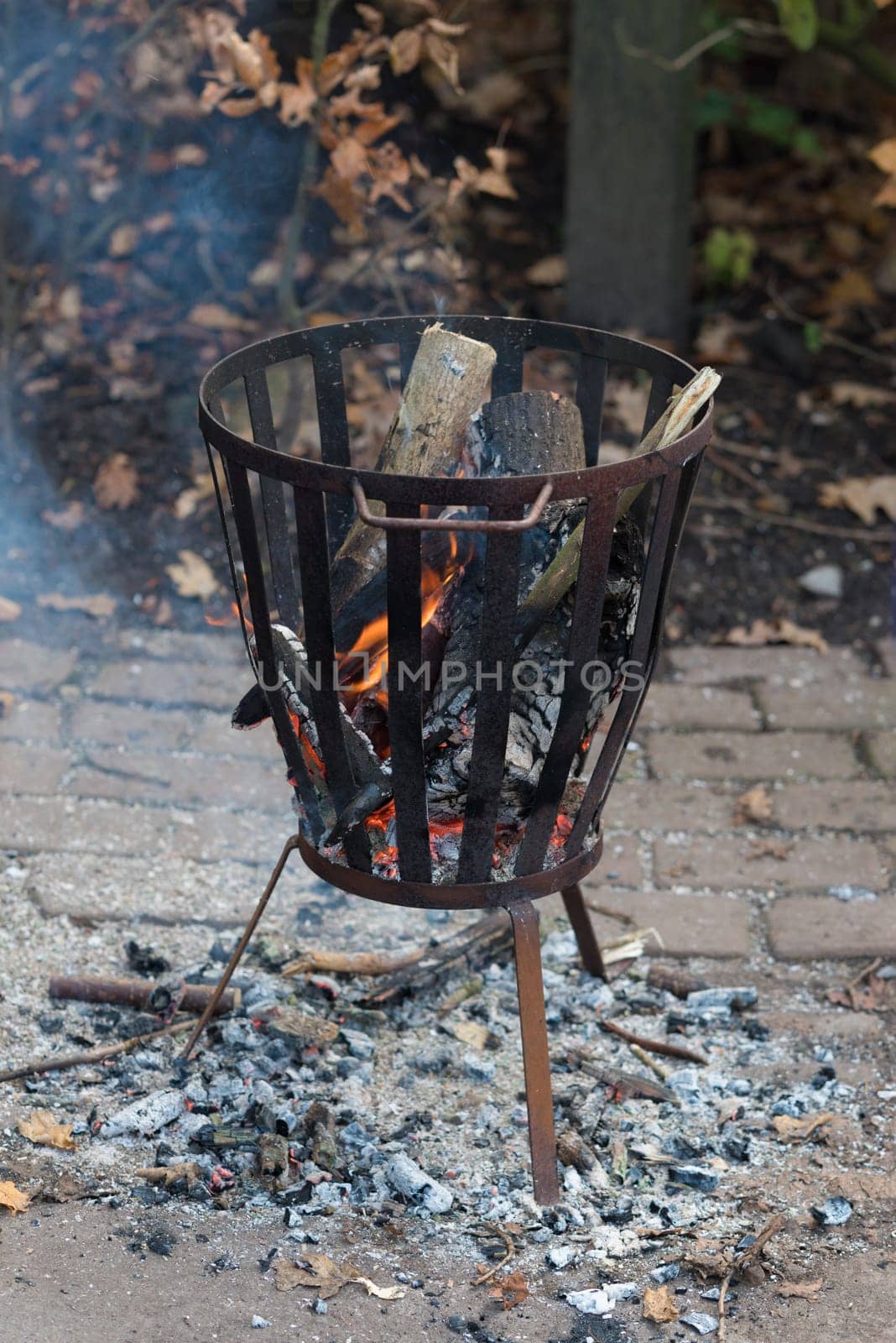 outdoor fire pit with burning wood and ash on the ground