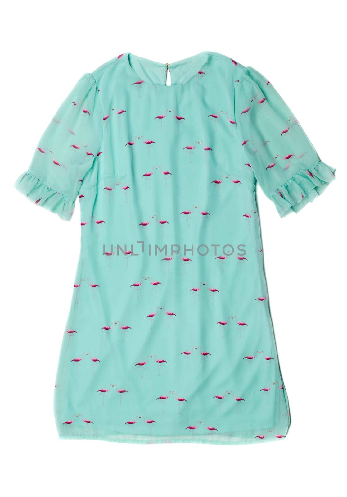 Women's dress with a pattern of flamingos. Isolate on white.