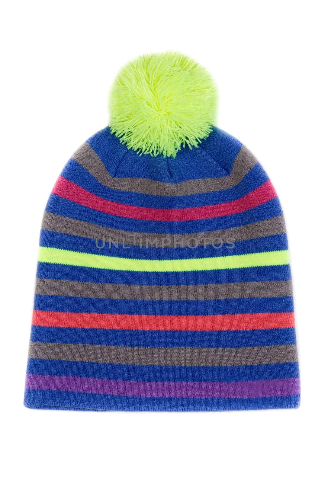 Striped colored knitted hat. Isolate on white.