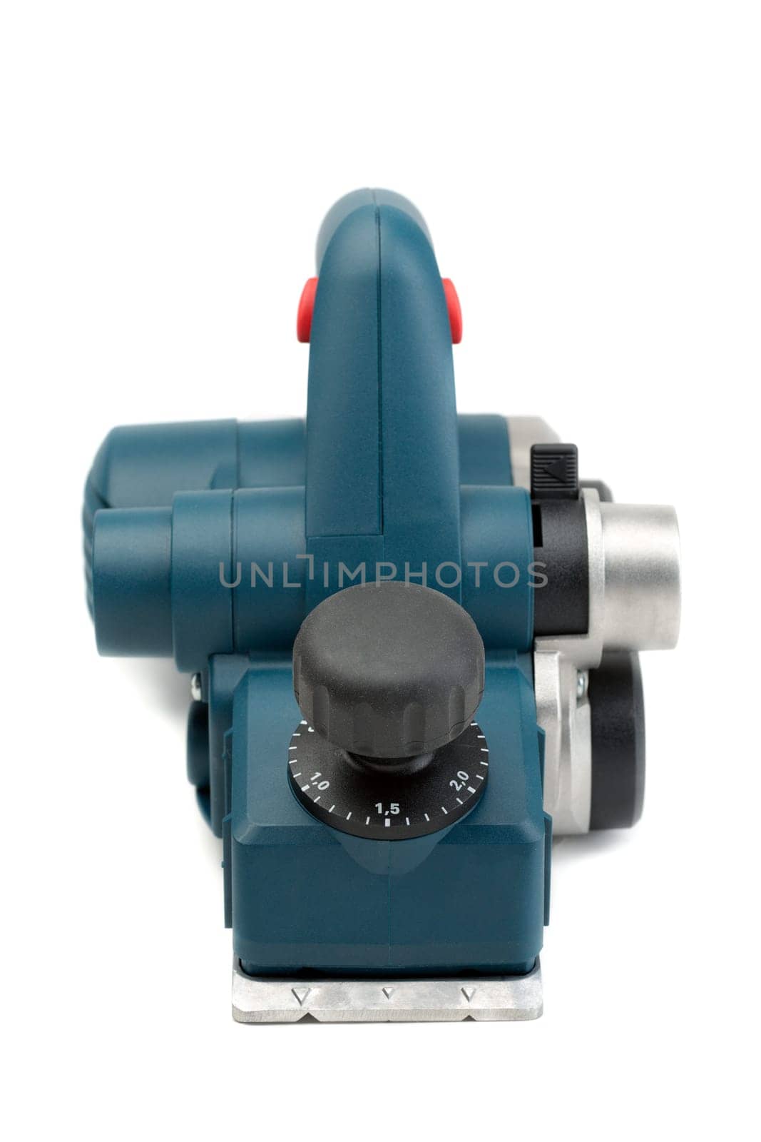 Professional electric planer, front view. Isolate on White.