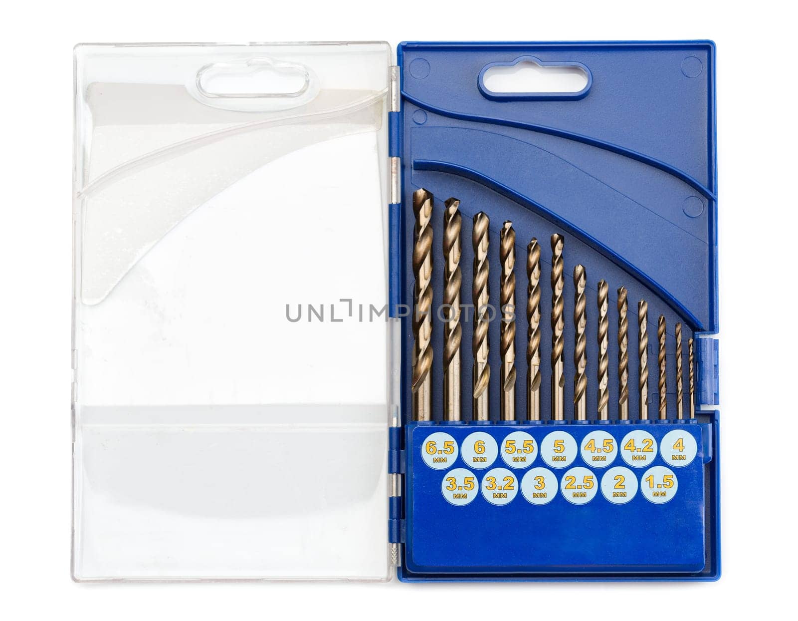 set of drill bits for metal in a blue plastic case. Isolate on white.