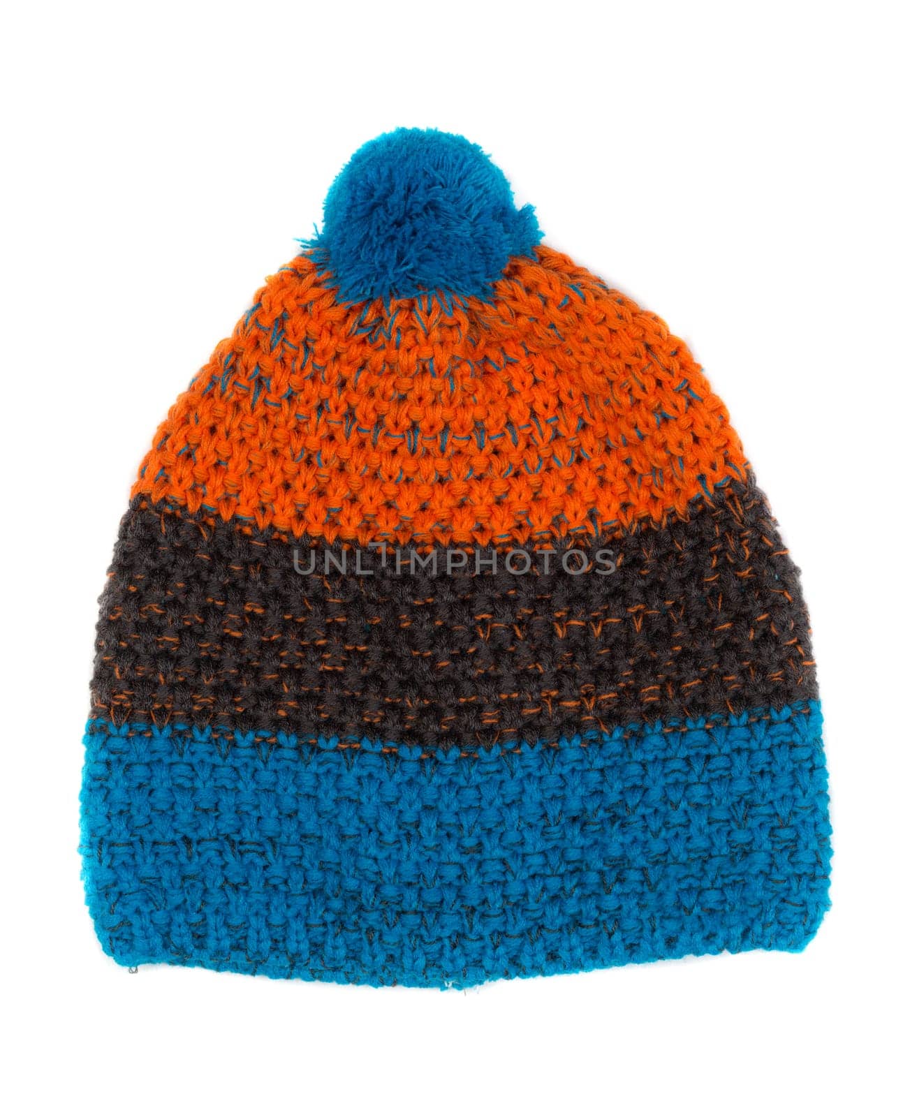 Warm colored knitted hat. Isolate on white.