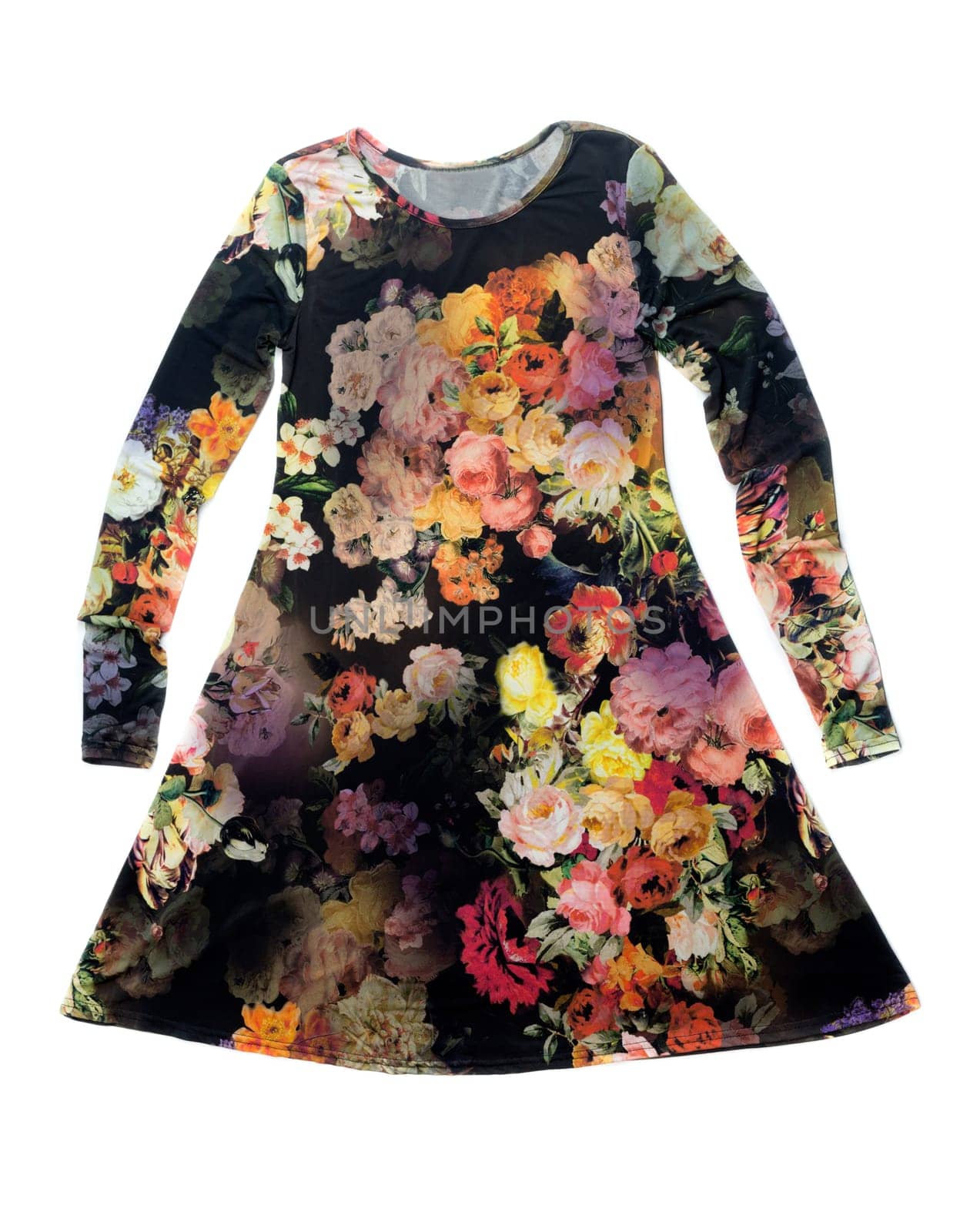 Women's dress with a floral pattern. Isolate on white background.