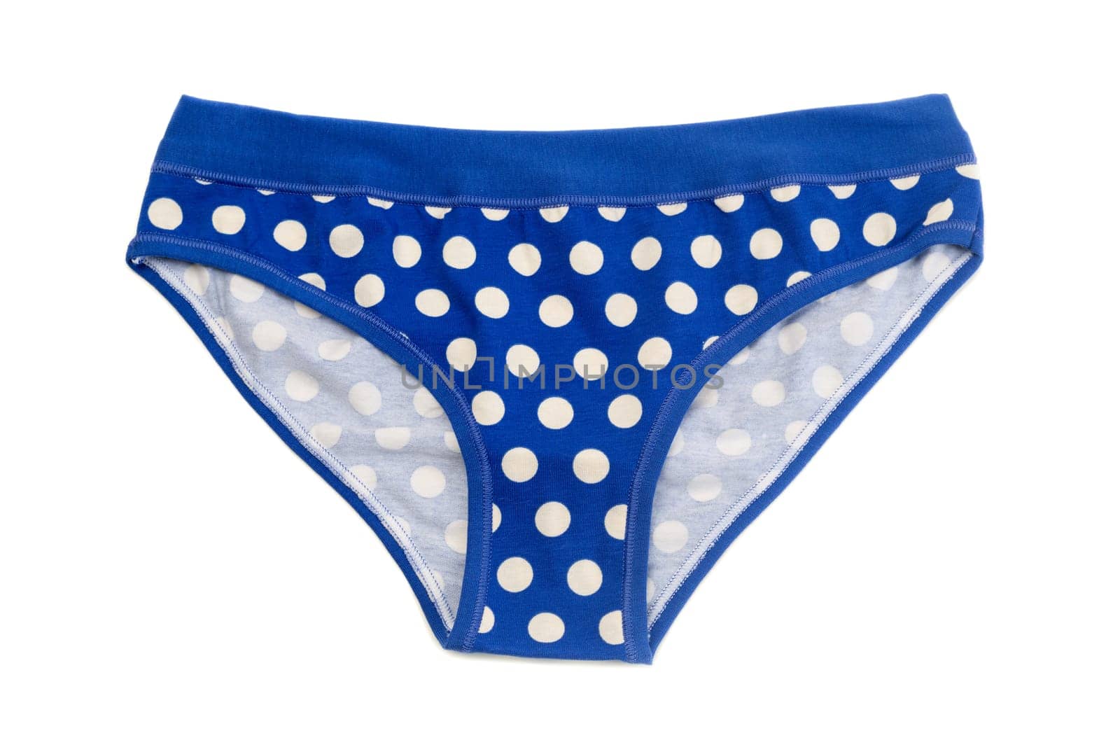 Women Cotton panties with blue polka dots. Isolate on white.