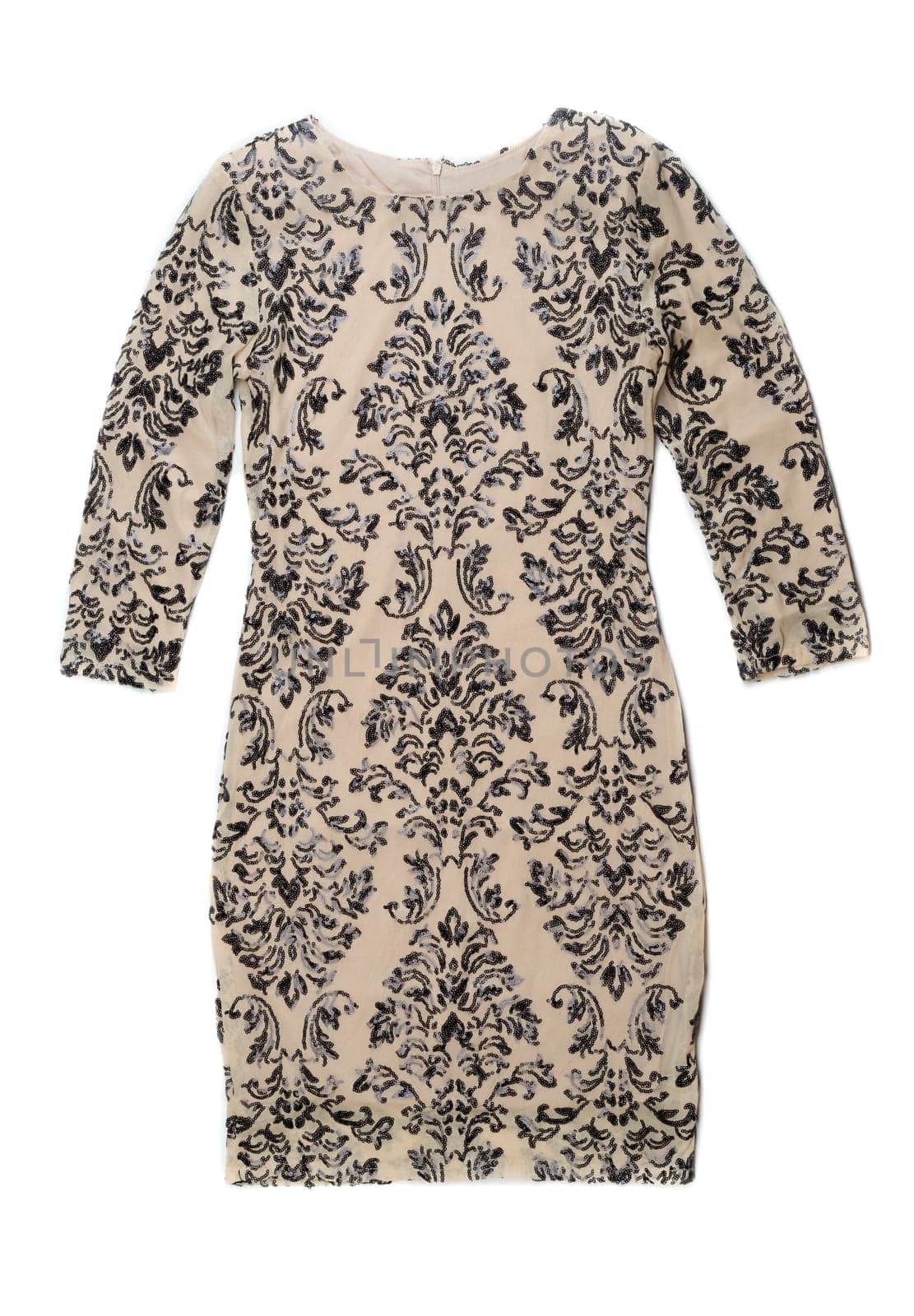 Beige female dress with a pattern. Isolate on white background.