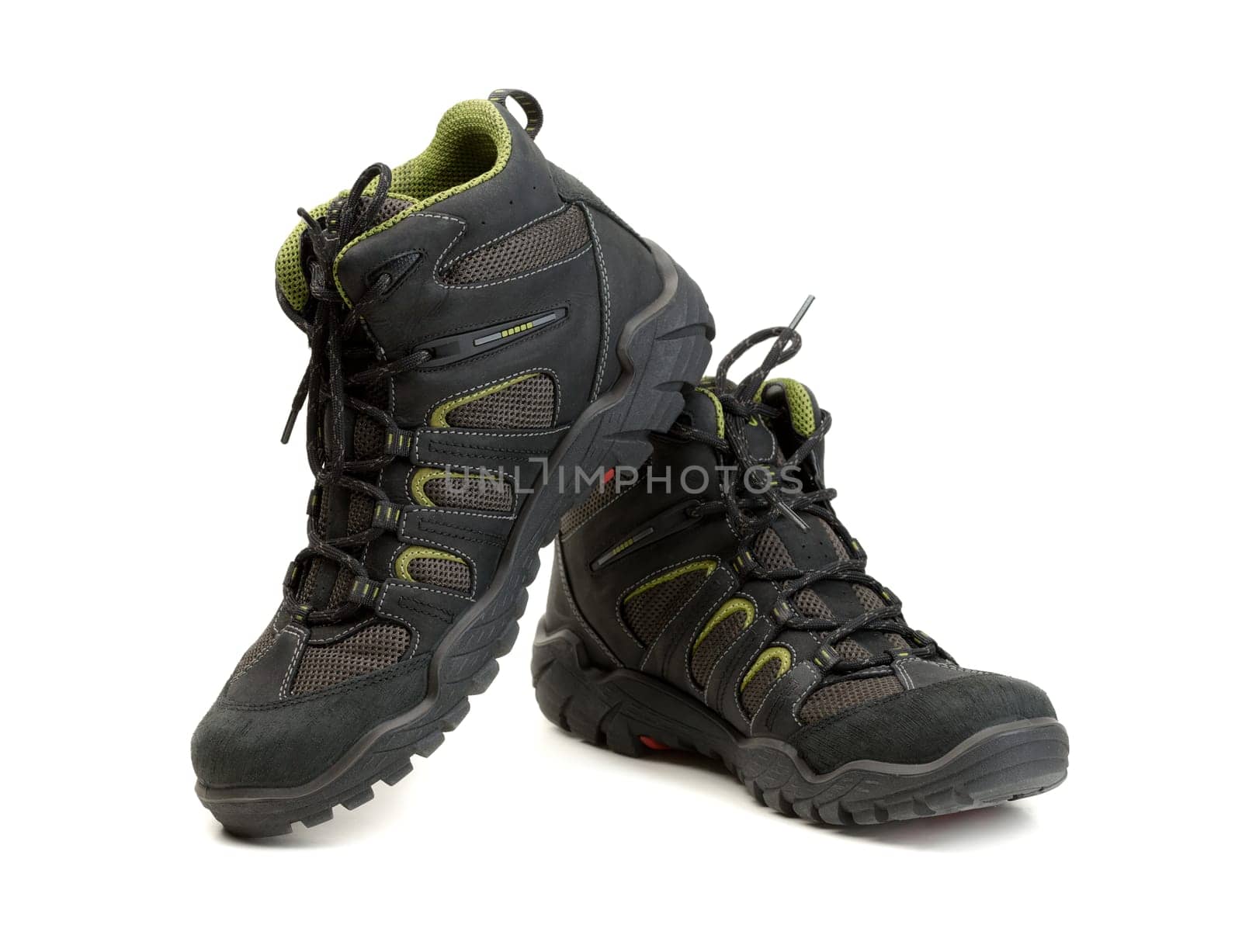 Pair of high-tech waterproof winter boots trekking. Isolate on white.
