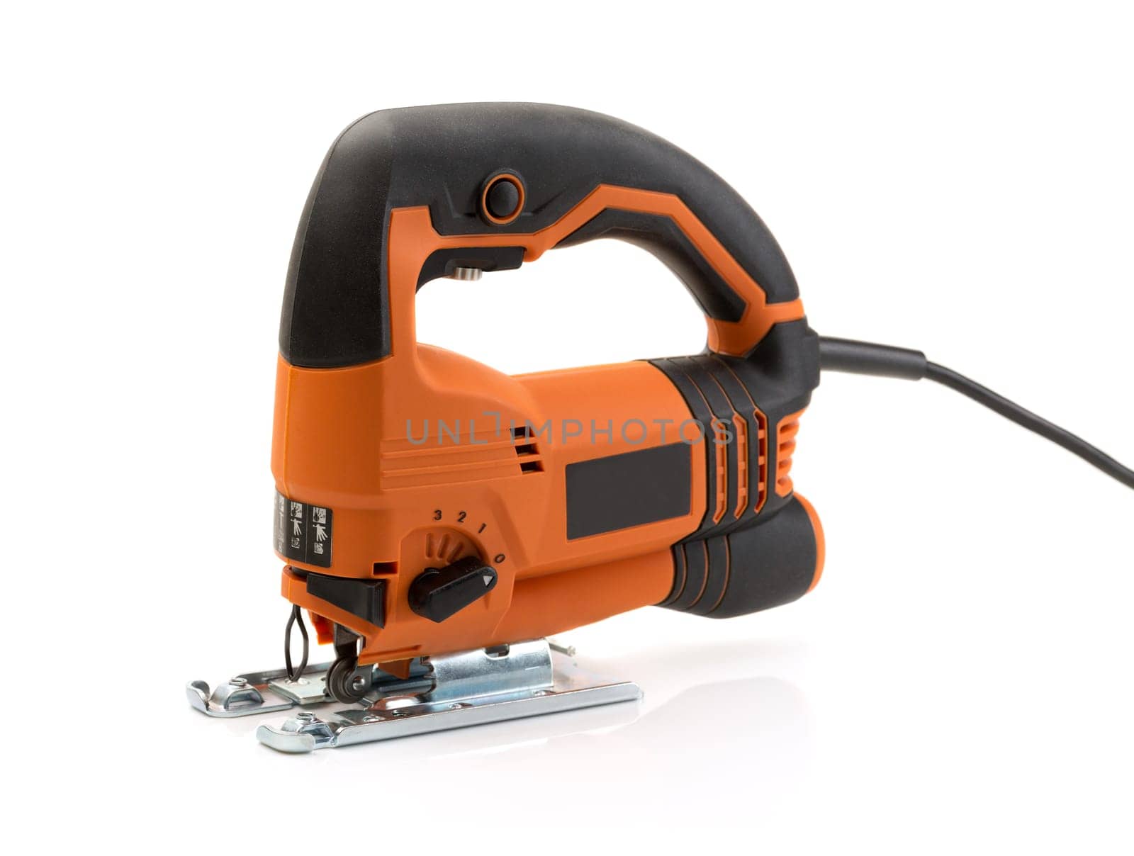 Professional electric jigsaw orange. Isolate on white.