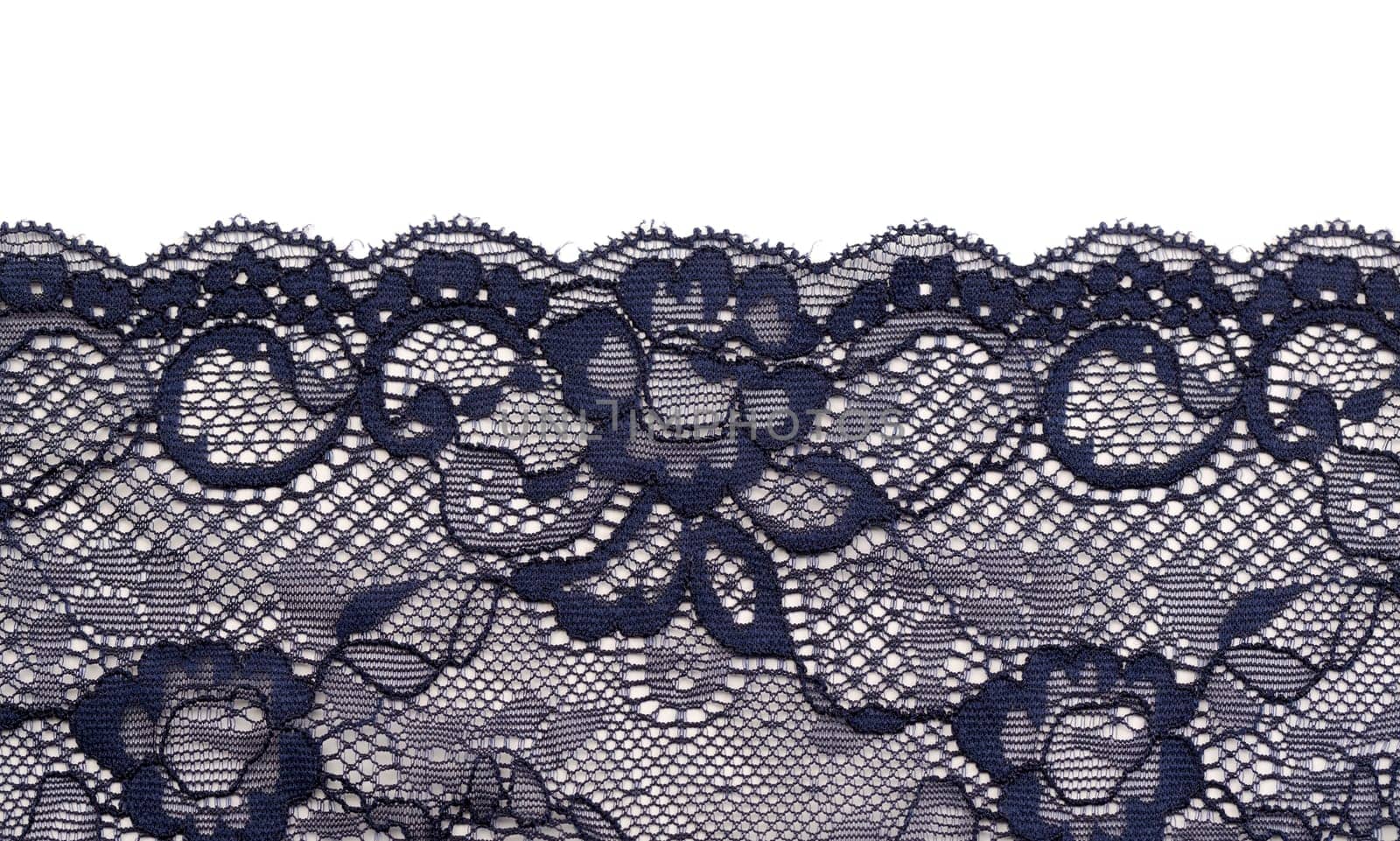 Blue satin lace isolated on white background.