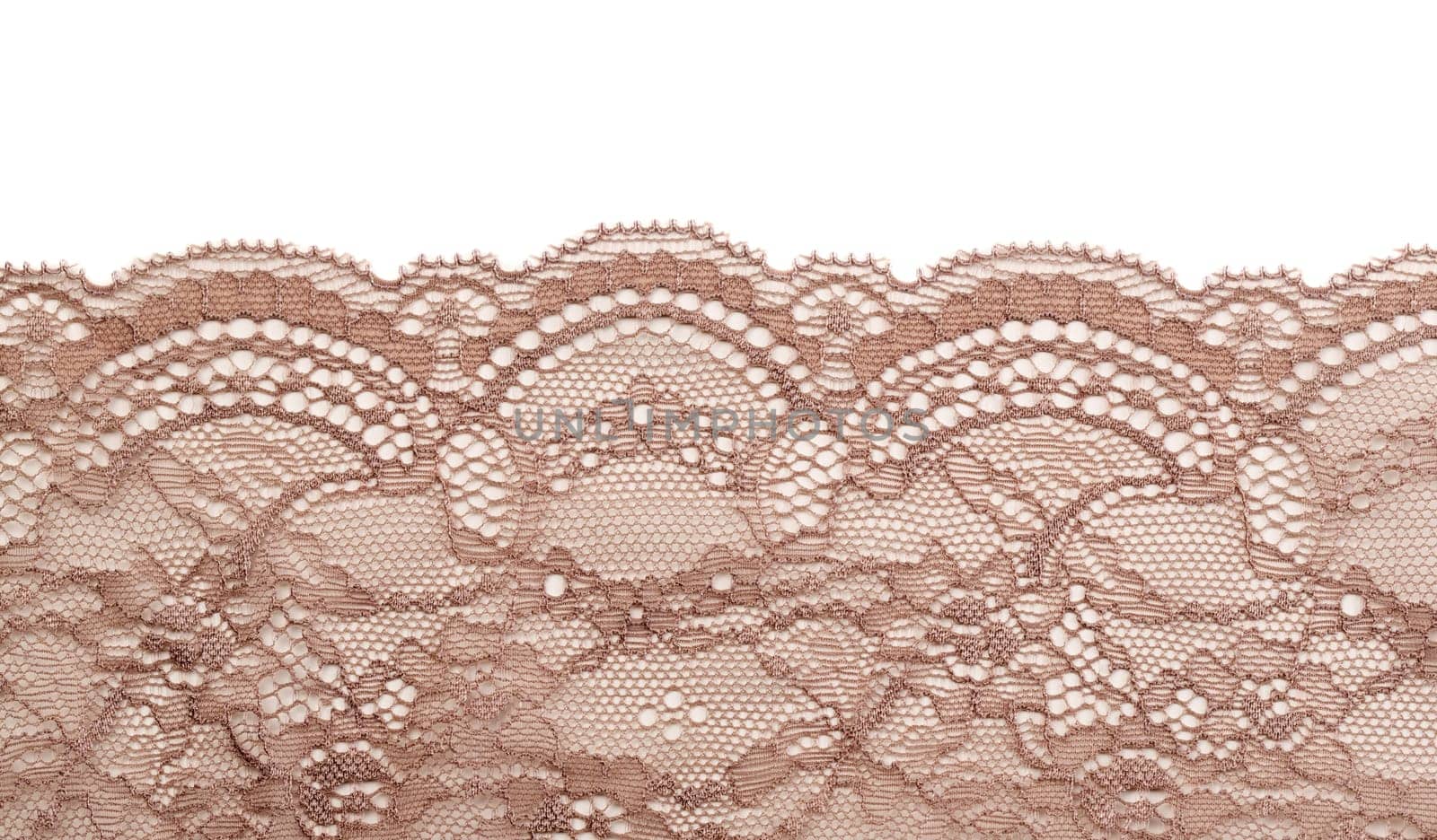 Beige satin lace isolated on white background.