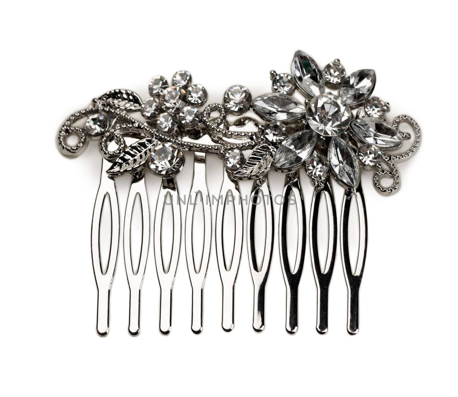 Silver hair clip with stones. Isolate on white.
