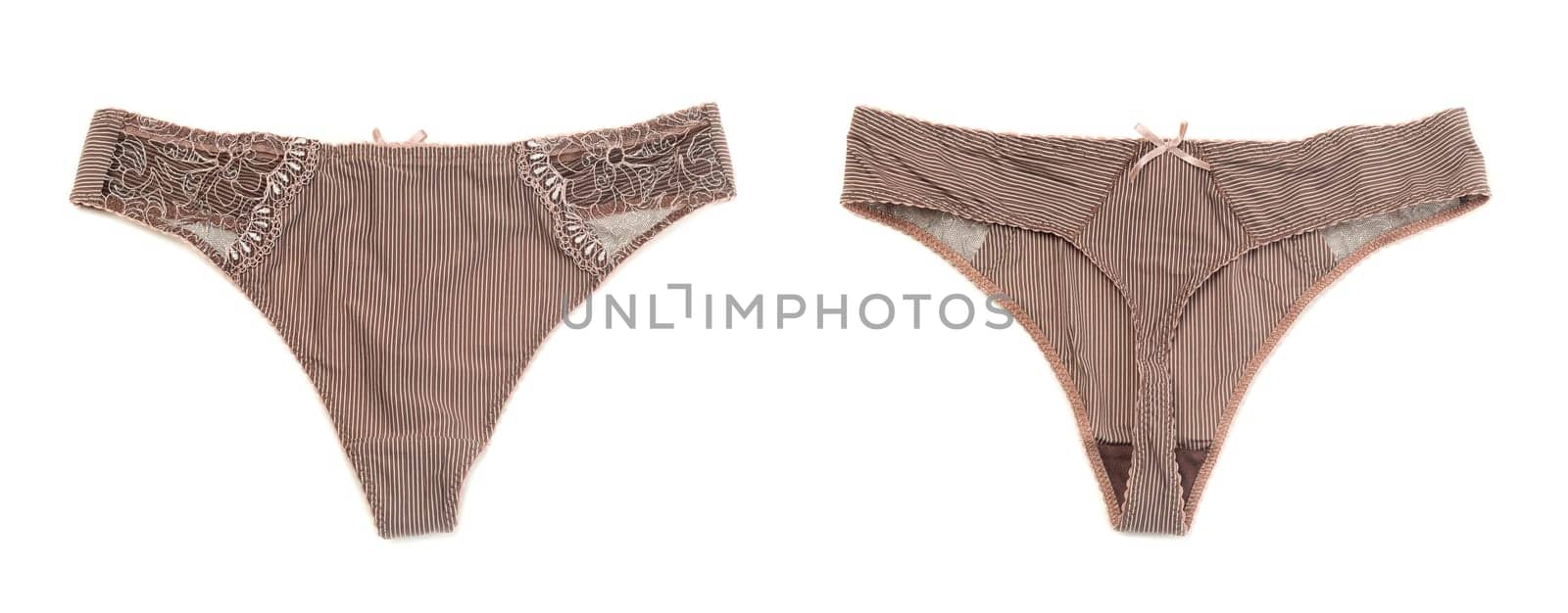 Collage of two female brown panties (thong). Front and rear views. Isolate on white.