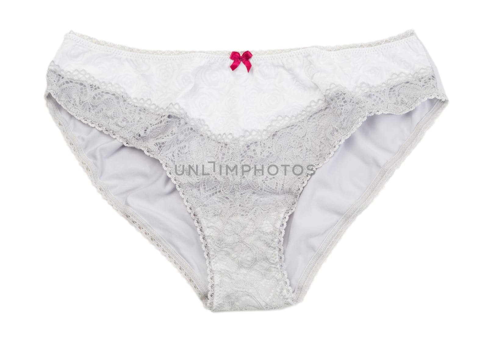 Light feminine panties with lace on white background