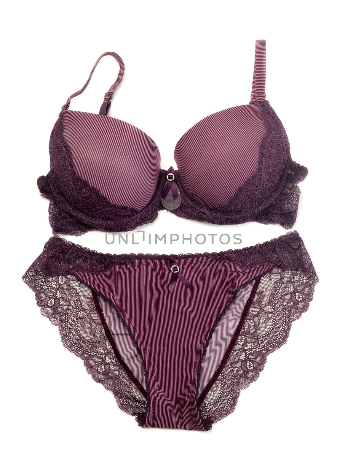 Purple striped lingerie set, 80C. Isolate on white.