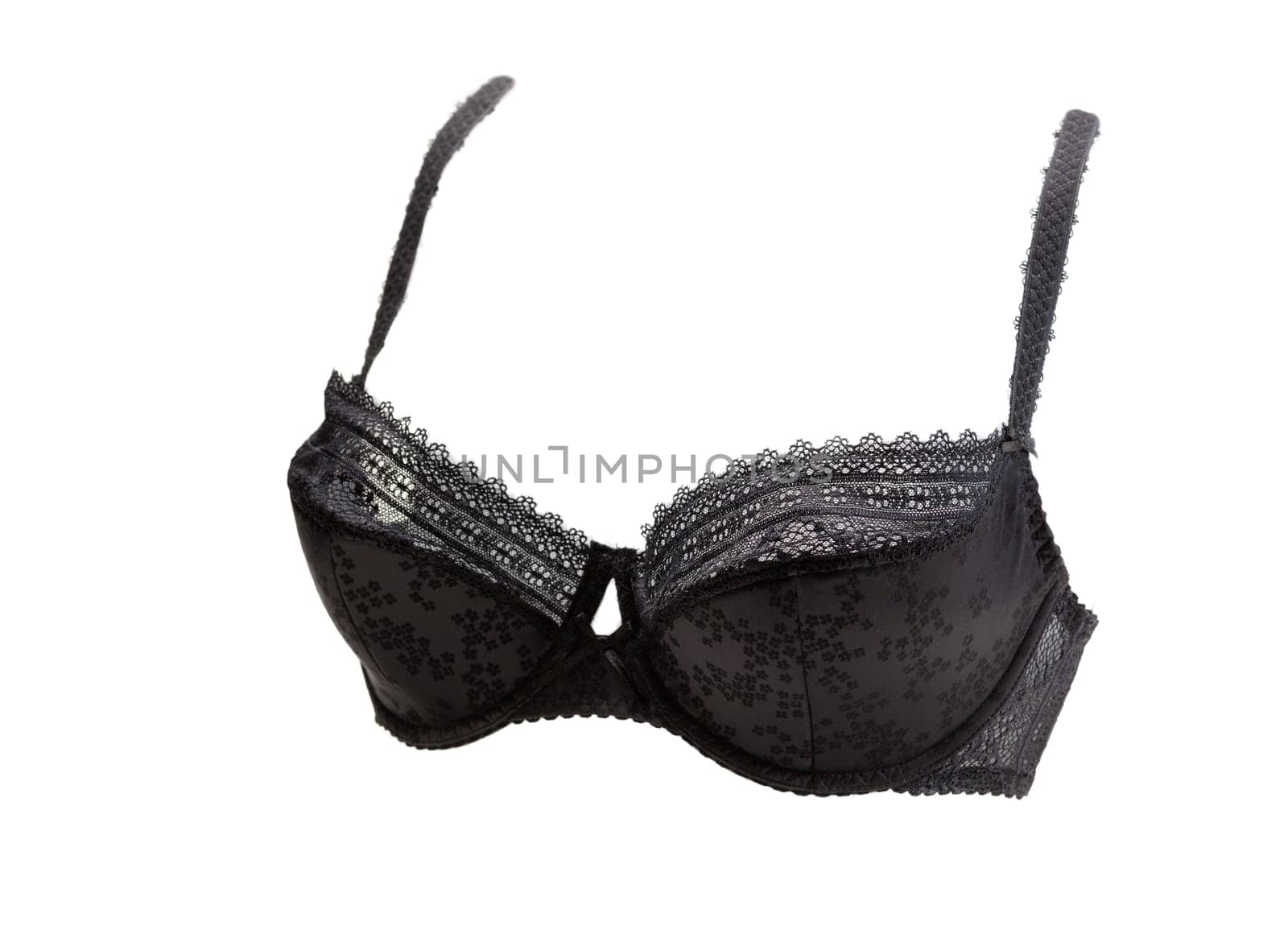 Black lace bra in volume. Isolate on white.