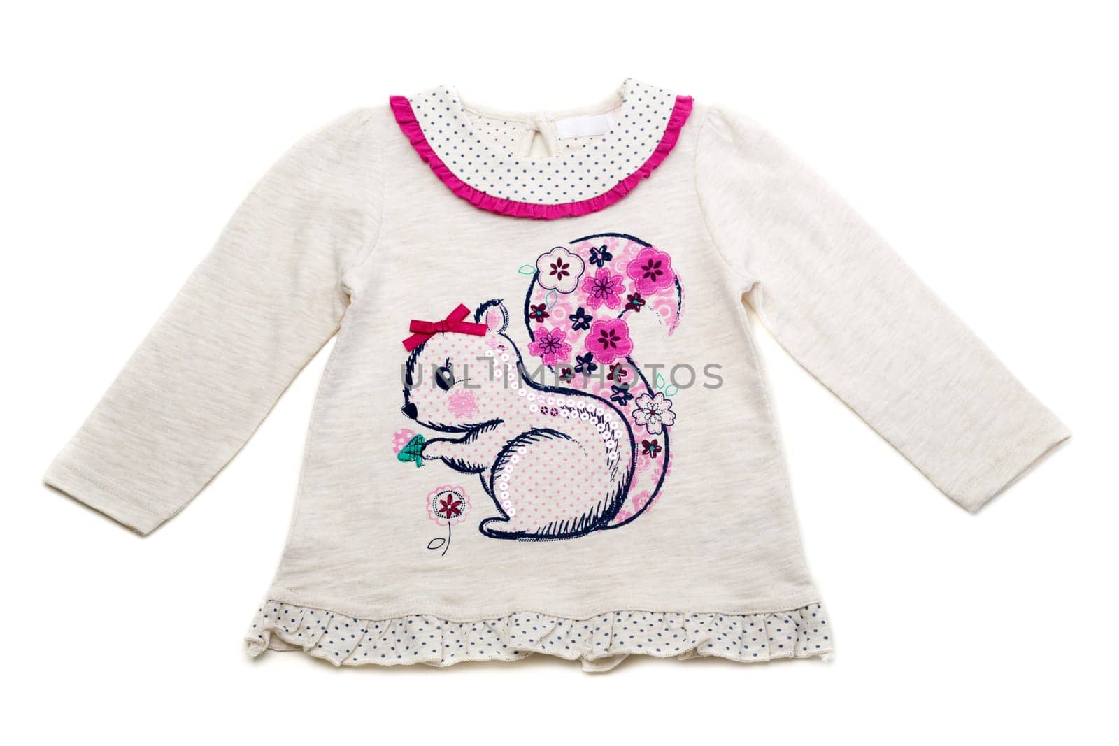 Children's fancy dress with sequins pattern Squirrel. Isolate on white.