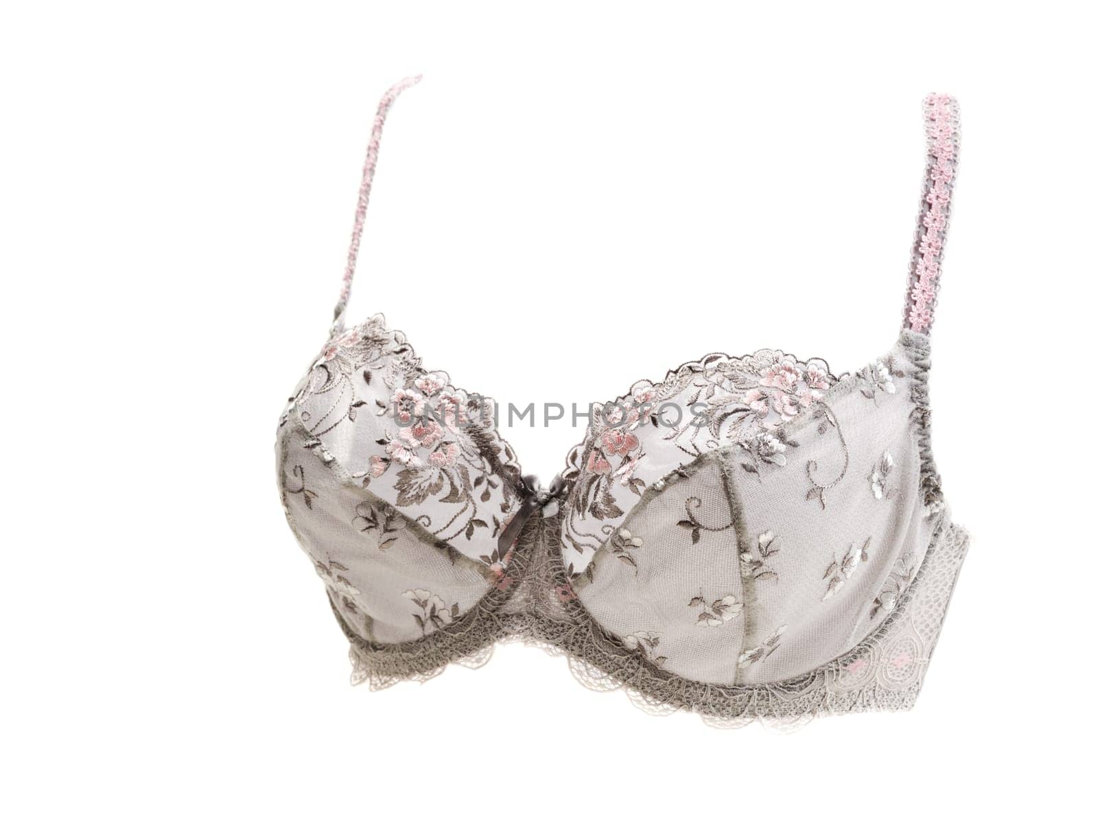 Gray and pink bra in volume. Isolate on white.