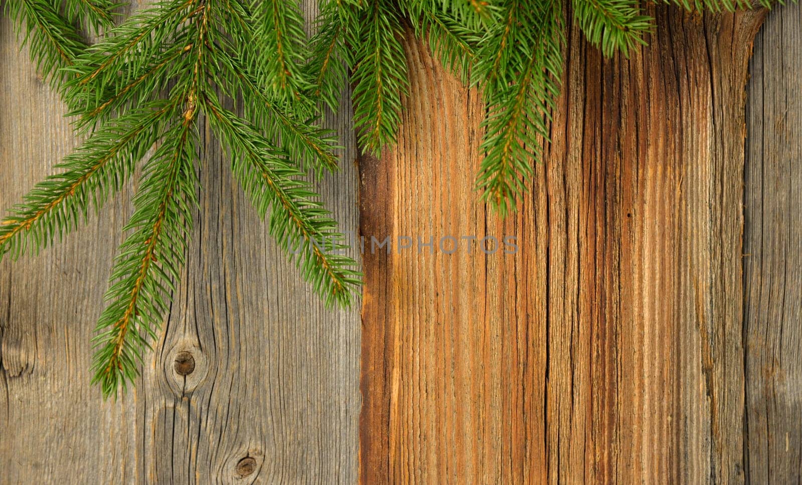 Christmas wooden background with tree and boots banner