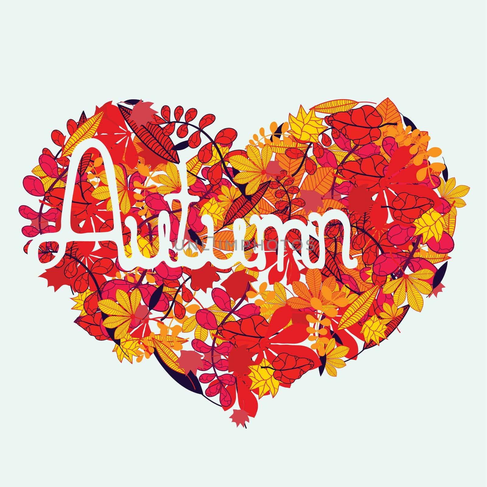 Heart shape made out of colourful autumn leaves with lettering