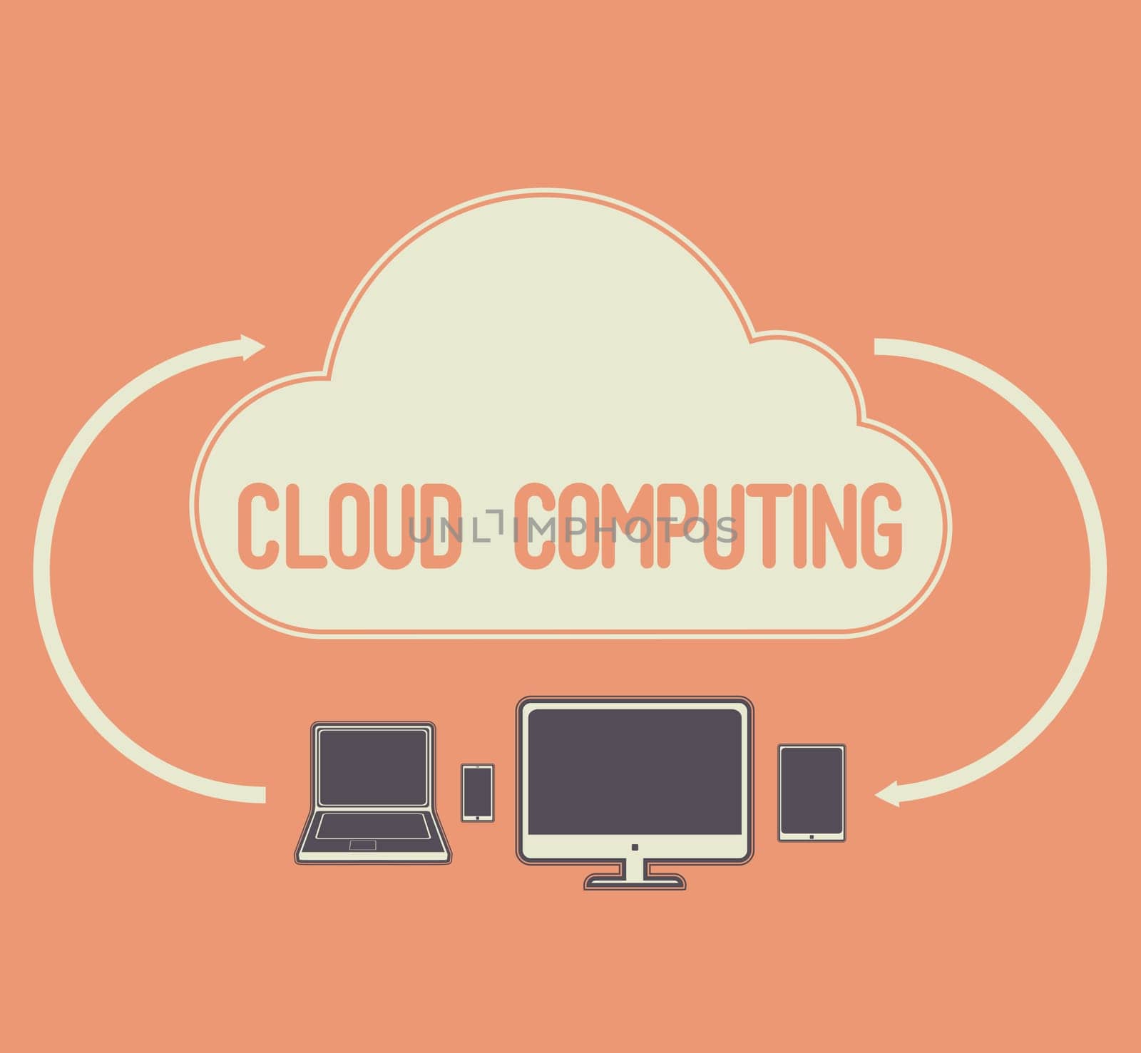 Vector cloud computing icons on coral background.