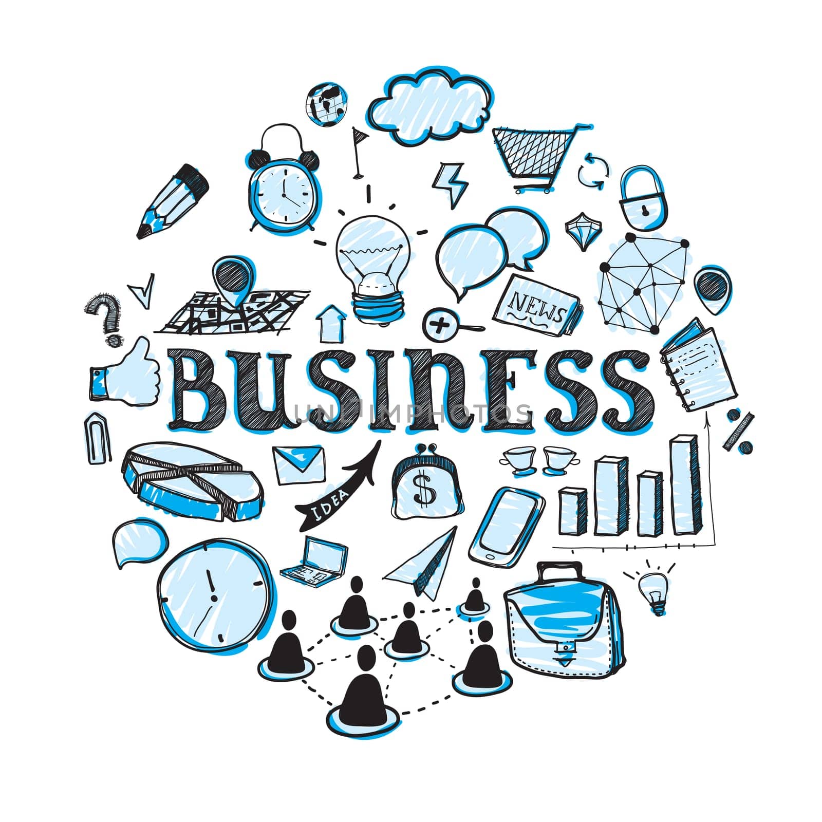 Cute doodle on the business theme in blue color