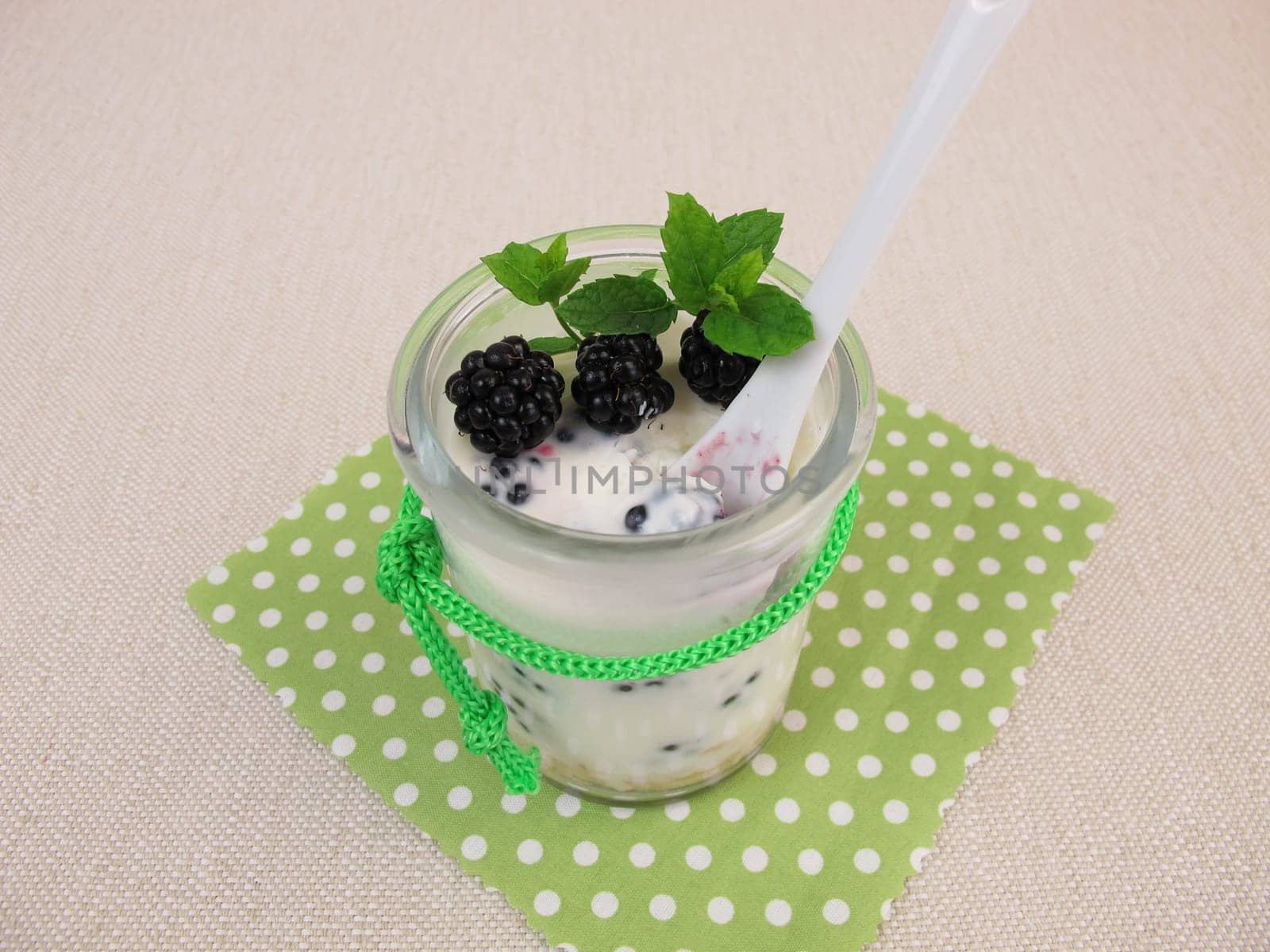 Baked yogurt with blackberries in a glass