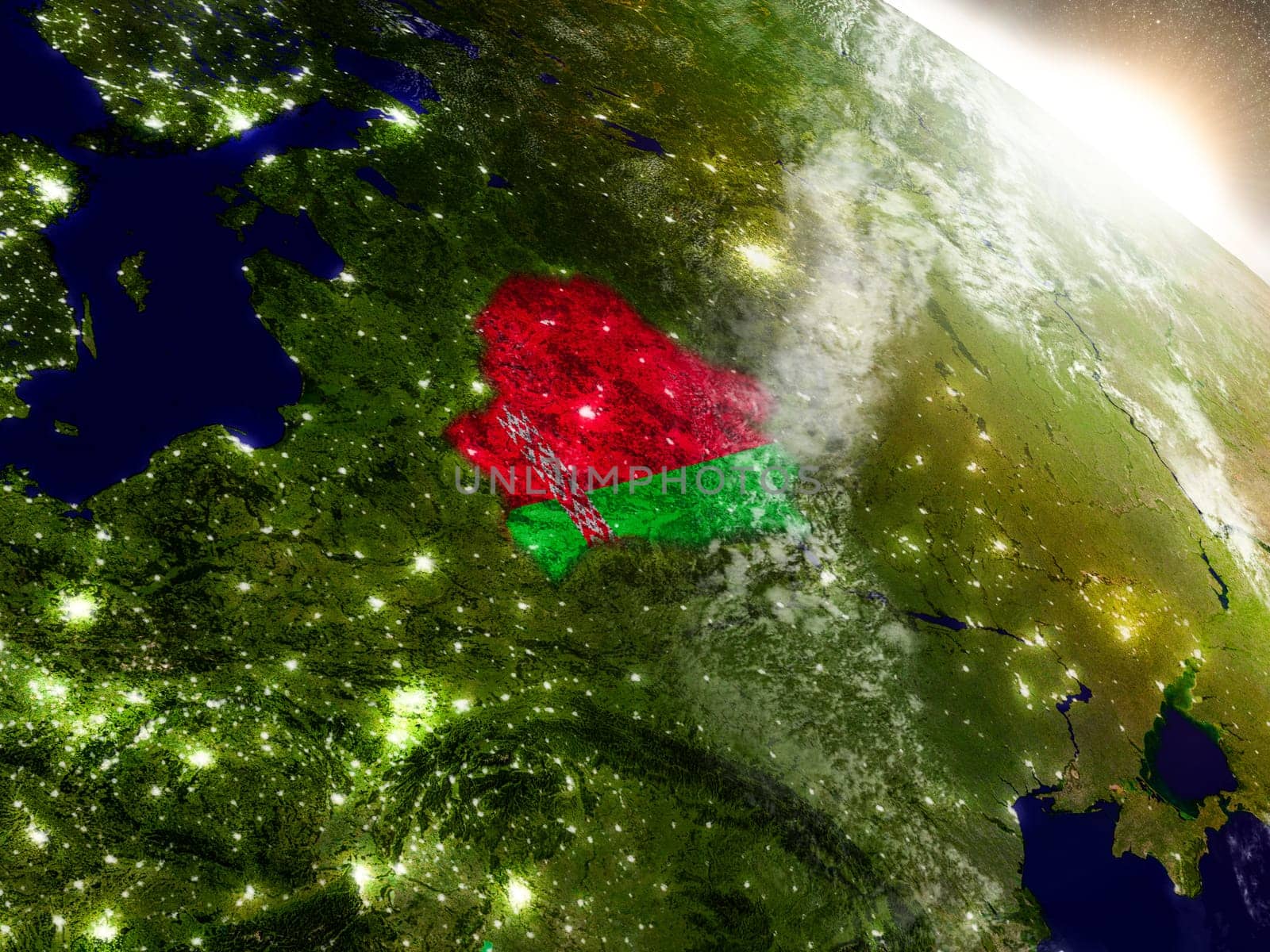 Belarus with embedded flag on planet surface during sunrise. 3D illustration with highly detailed realistic planet surface and visible city lights. Elements of this image furnished by NASA.