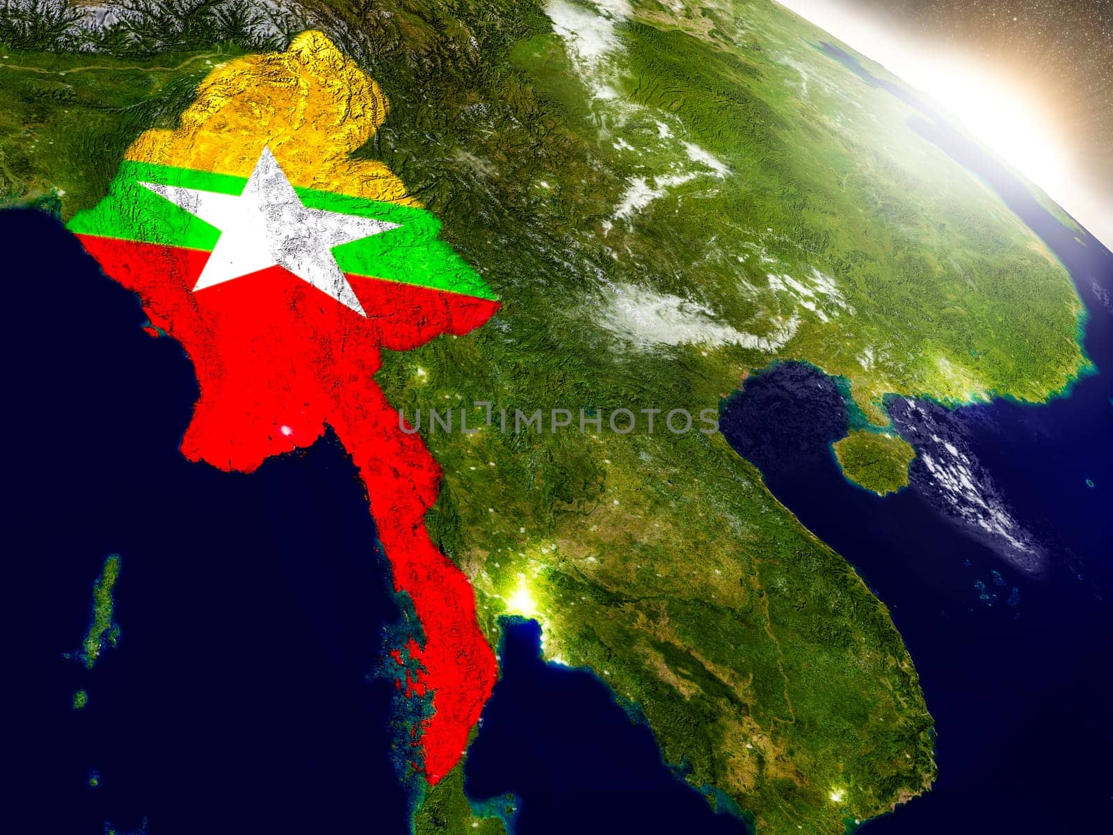 Myanmar with embedded flag on planet surface during sunrise. 3D illustration with highly detailed realistic planet surface and visible city lights. Elements of this image furnished by NASA.