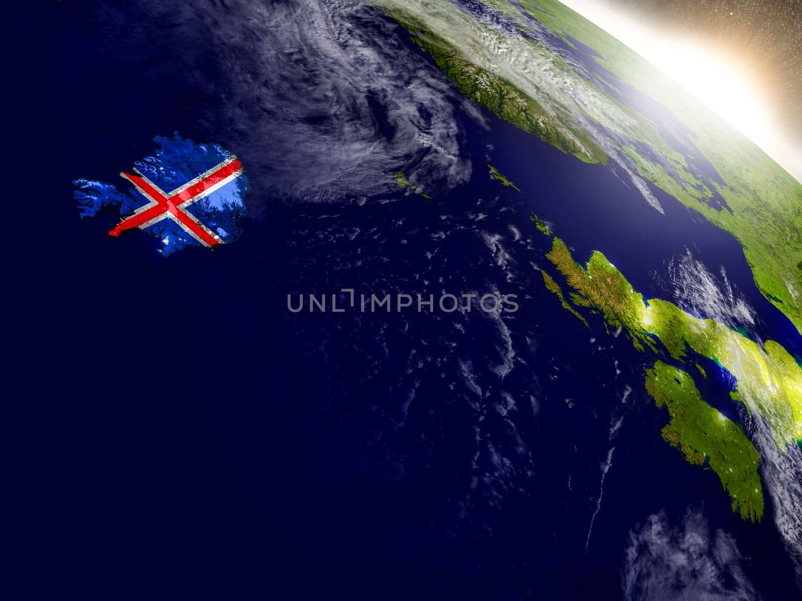 Iceland with embedded flag on planet surface during sunrise. 3D illustration with highly detailed realistic planet surface and visible city lights. Elements of this image furnished by NASA.
