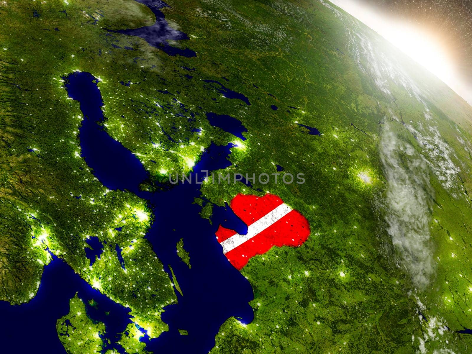 Latvia with embedded flag on planet surface during sunrise. 3D illustration with highly detailed realistic planet surface and visible city lights. Elements of this image furnished by NASA.