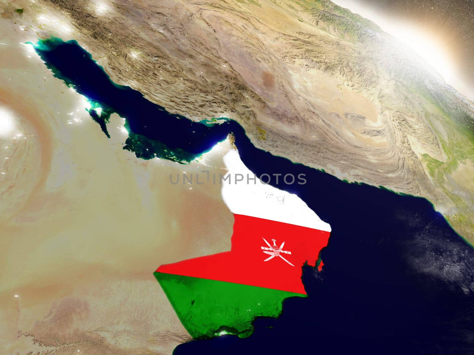 Oman with embedded flag on planet surface during sunrise. 3D illustration with highly detailed realistic planet surface and visible city lights. Elements of this image furnished by NASA.