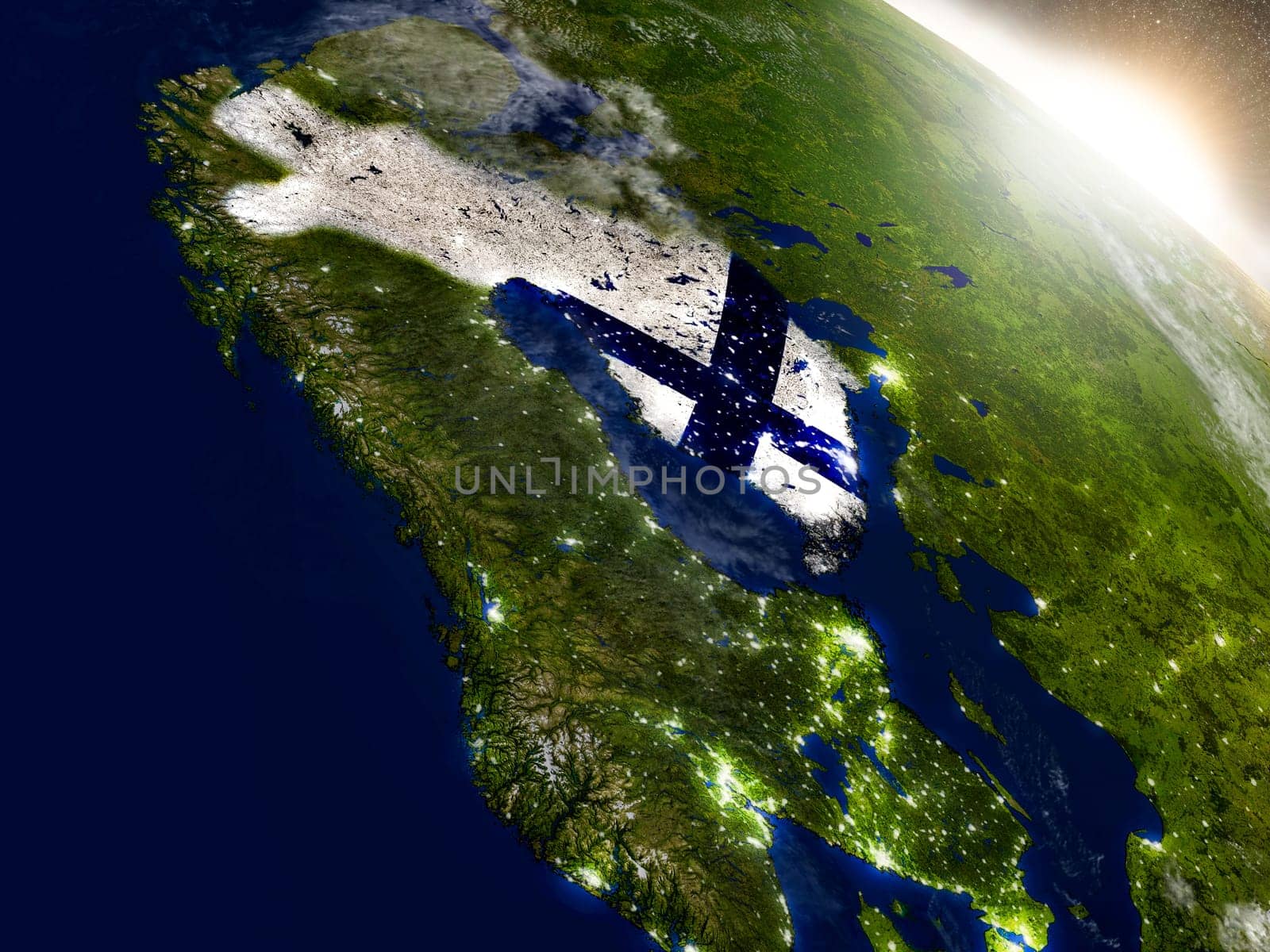 Finland with embedded flag on planet surface during sunrise. 3D illustration with highly detailed realistic planet surface and visible city lights. Elements of this image furnished by NASA.
