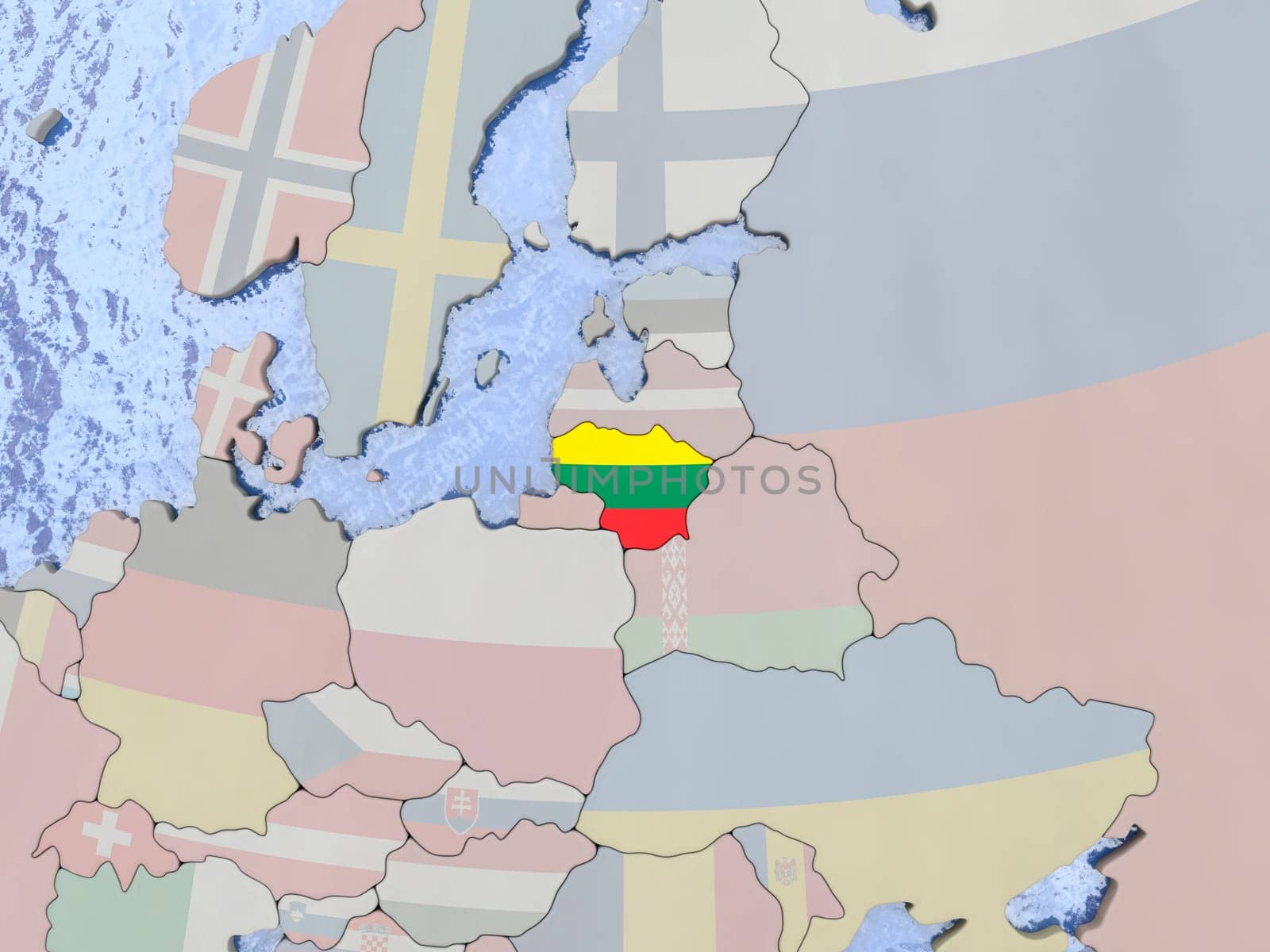 Map of Lithuania with national flag on political globe with realistic water. 3D illustration