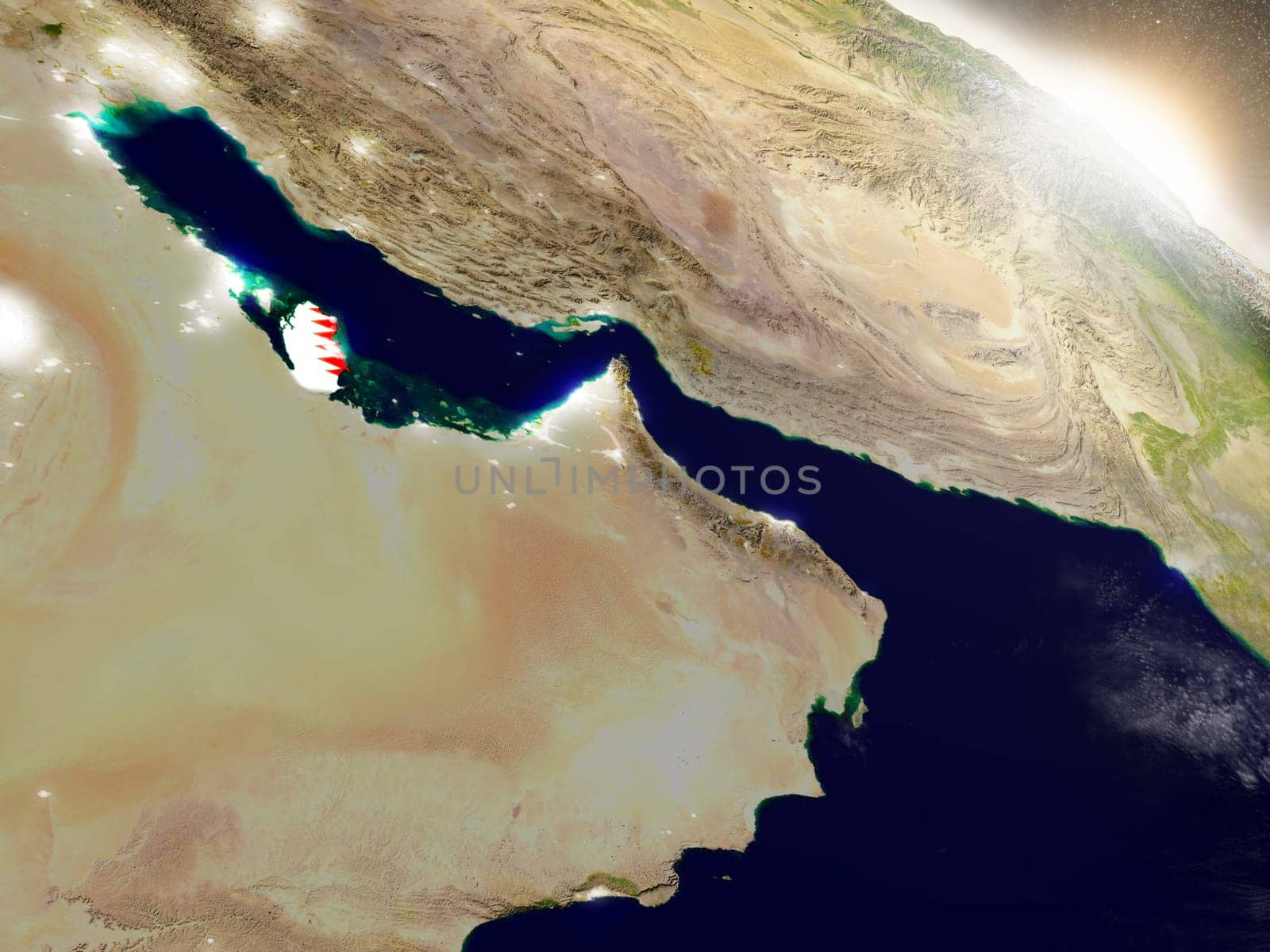 Qatar with embedded flag on planet surface during sunrise. 3D illustration with highly detailed realistic planet surface and visible city lights. Elements of this image furnished by NASA.