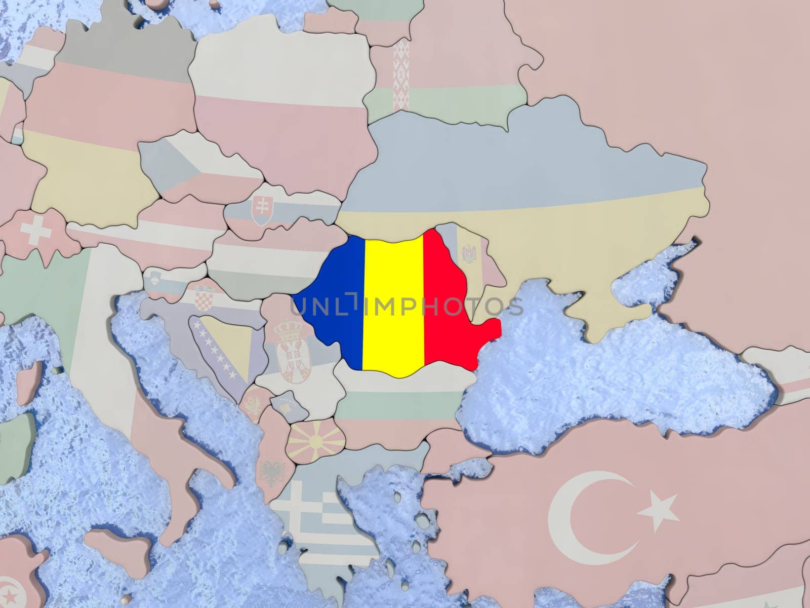 Map of Romania with national flag on political globe with realistic water. 3D illustration