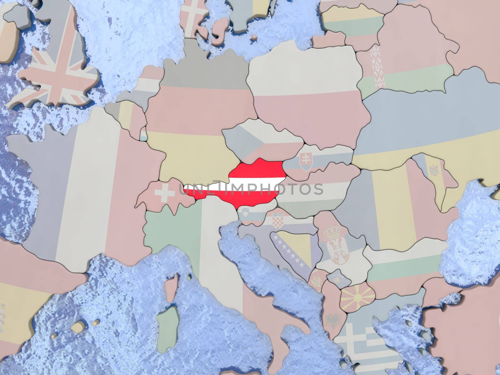 Map of Austria with national flag on political globe with realistic water. 3D illustration