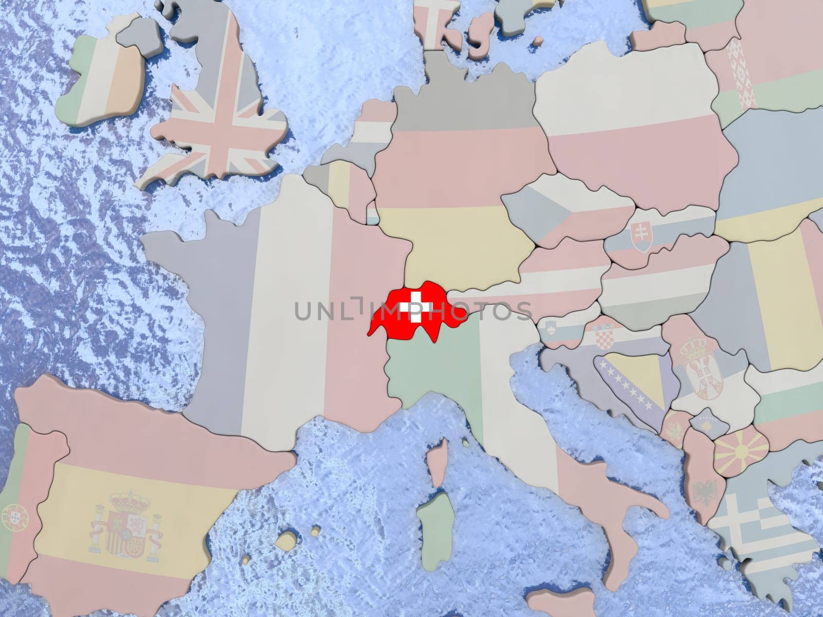 Map of Switzerland with national flag on political globe with realistic water. 3D illustration