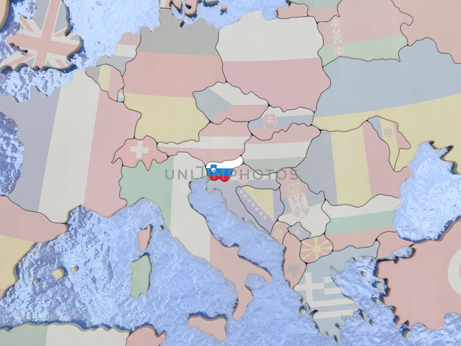 Map of Slovenia with national flag on political globe with realistic water. 3D illustration