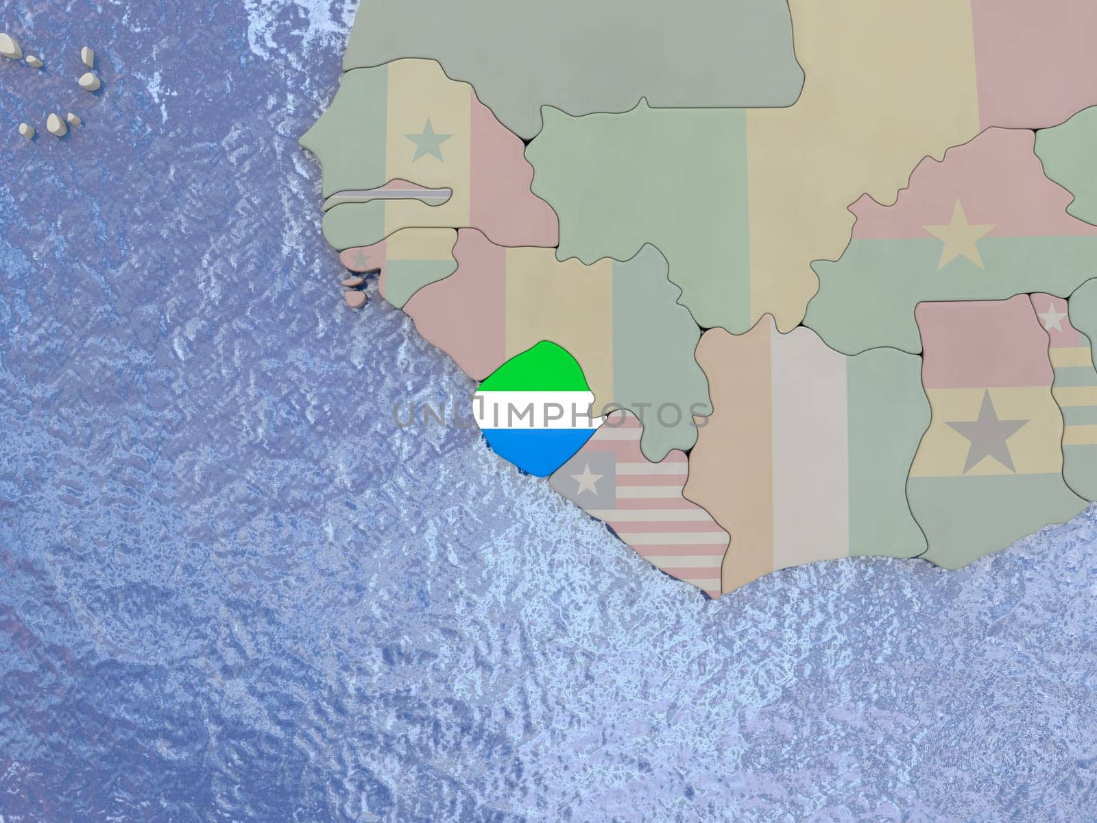 Map of Sierra Leone with national flag on political globe with realistic water. 3D illustration