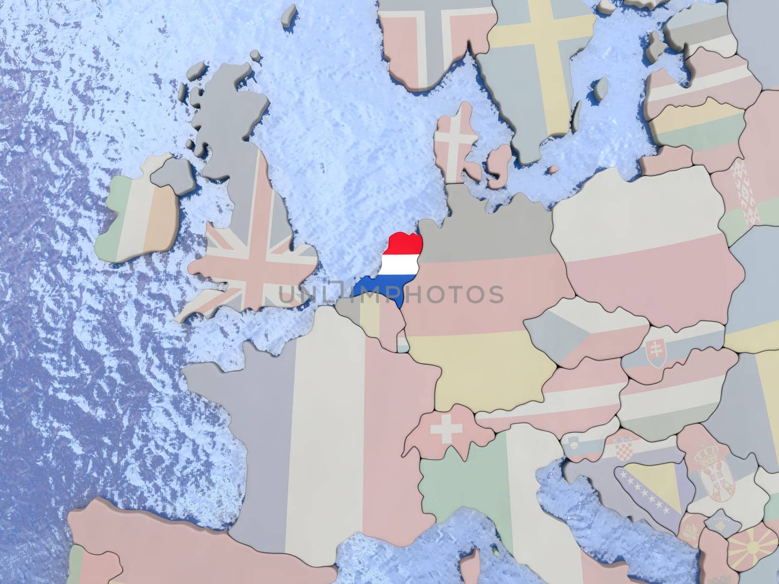 Map of Netherlands with national flag on political globe with realistic water. 3D illustration