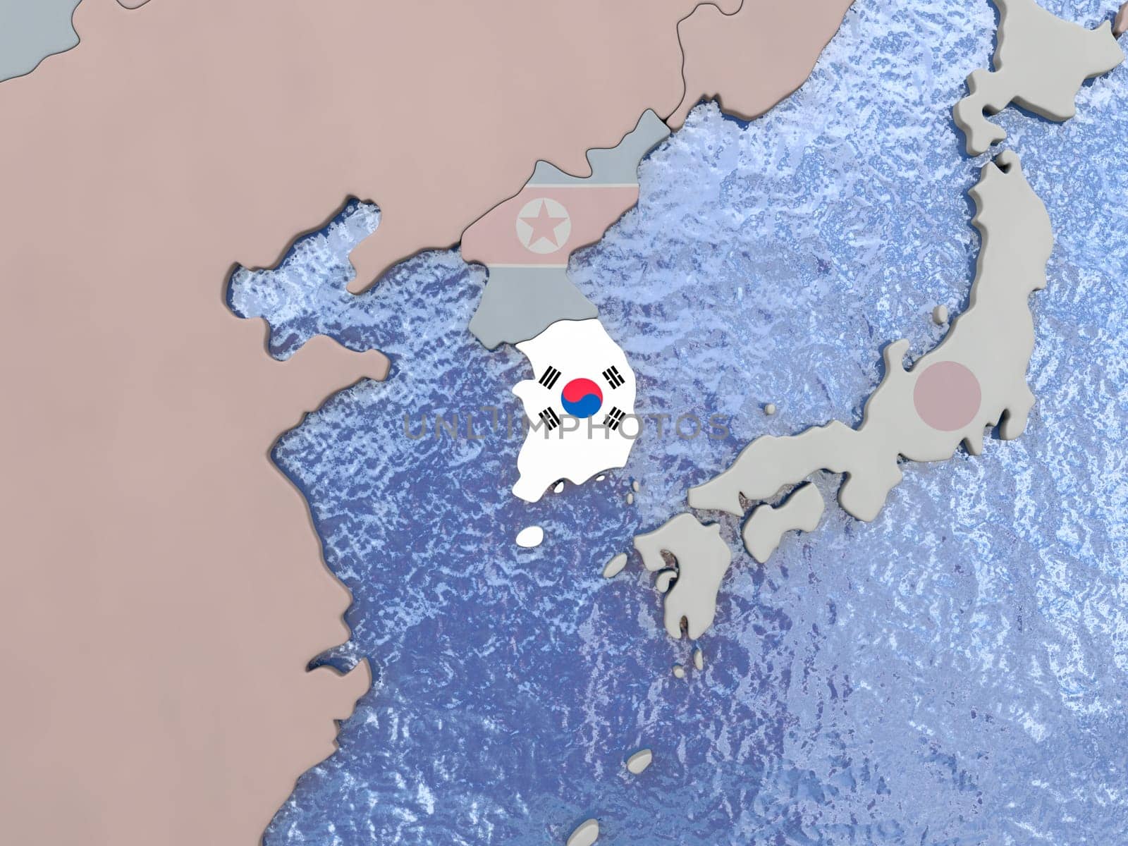 Map of South Korea with national flag on political globe with realistic water. 3D illustration