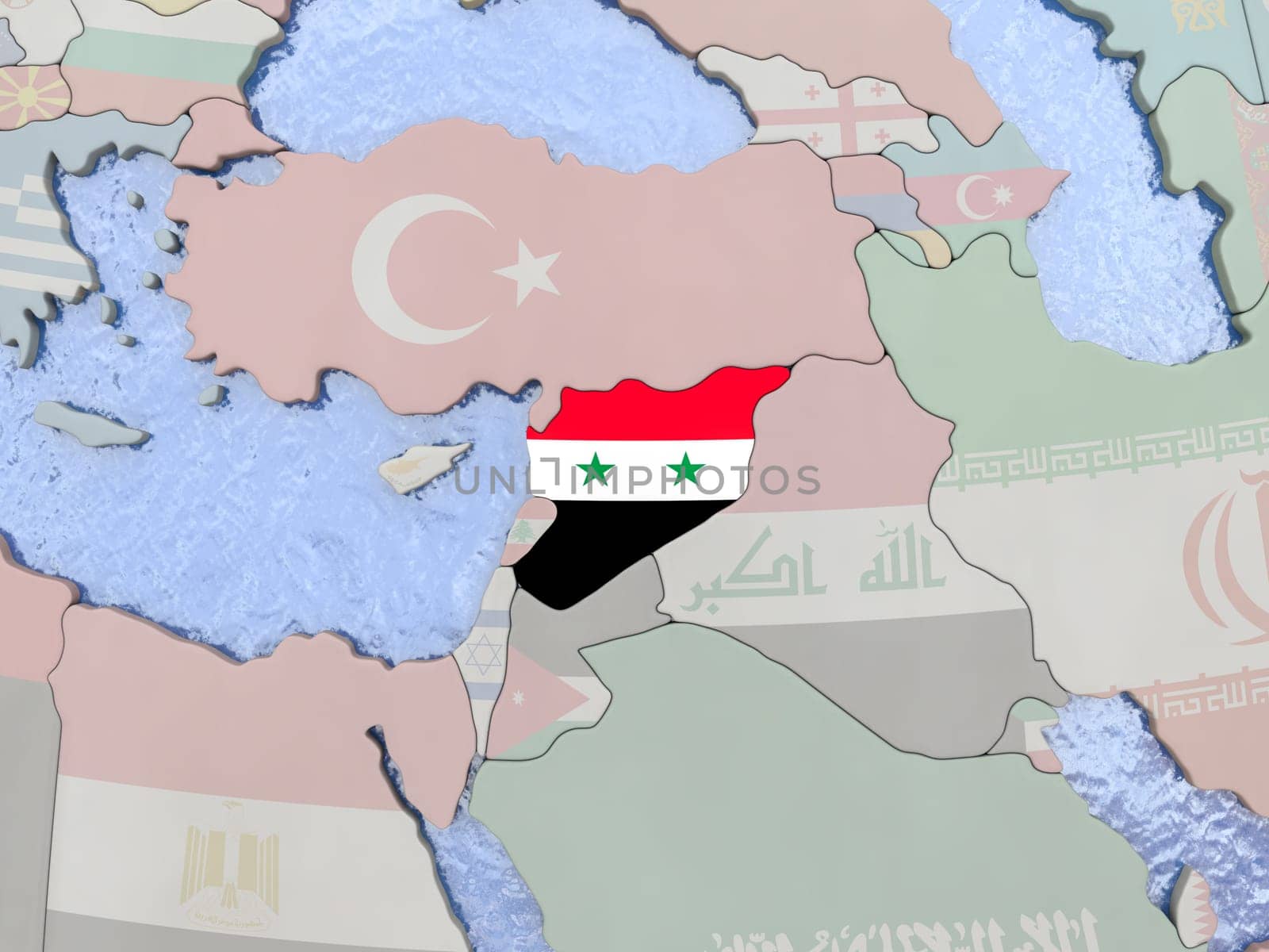 Map of Syria with national flag on political globe with realistic water. 3D illustration